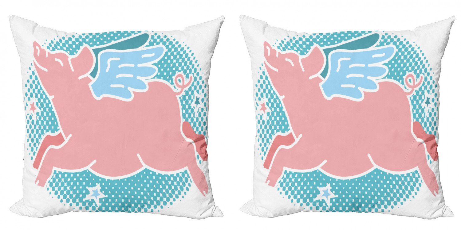 Kissenbezüge Modern Accent Doppelseitiger Digitaldruck, Abakuhaus (2 Stück), Blau Und Pink Glückliche Flying Pig Kunst