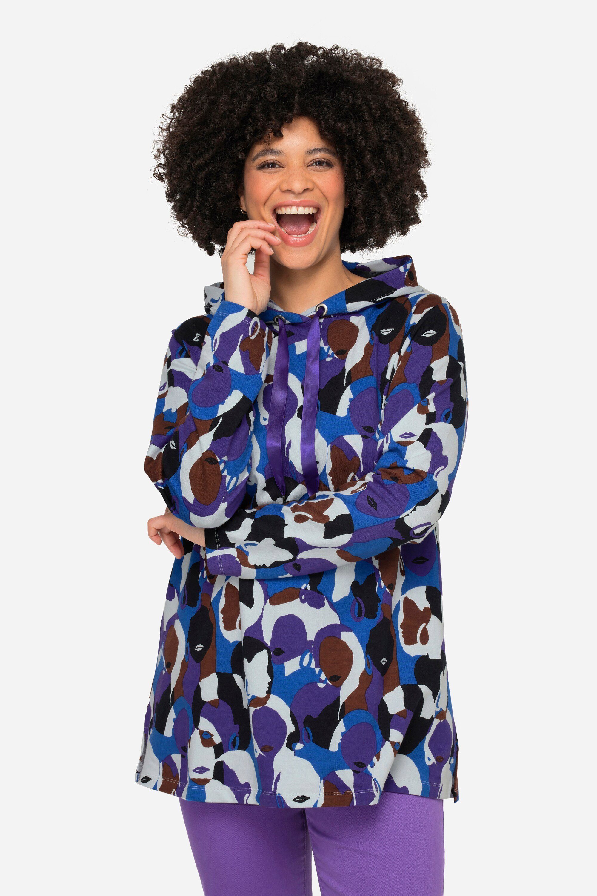Sweatshirt Hoodie Gesichter-Druck Kapuze Langarm