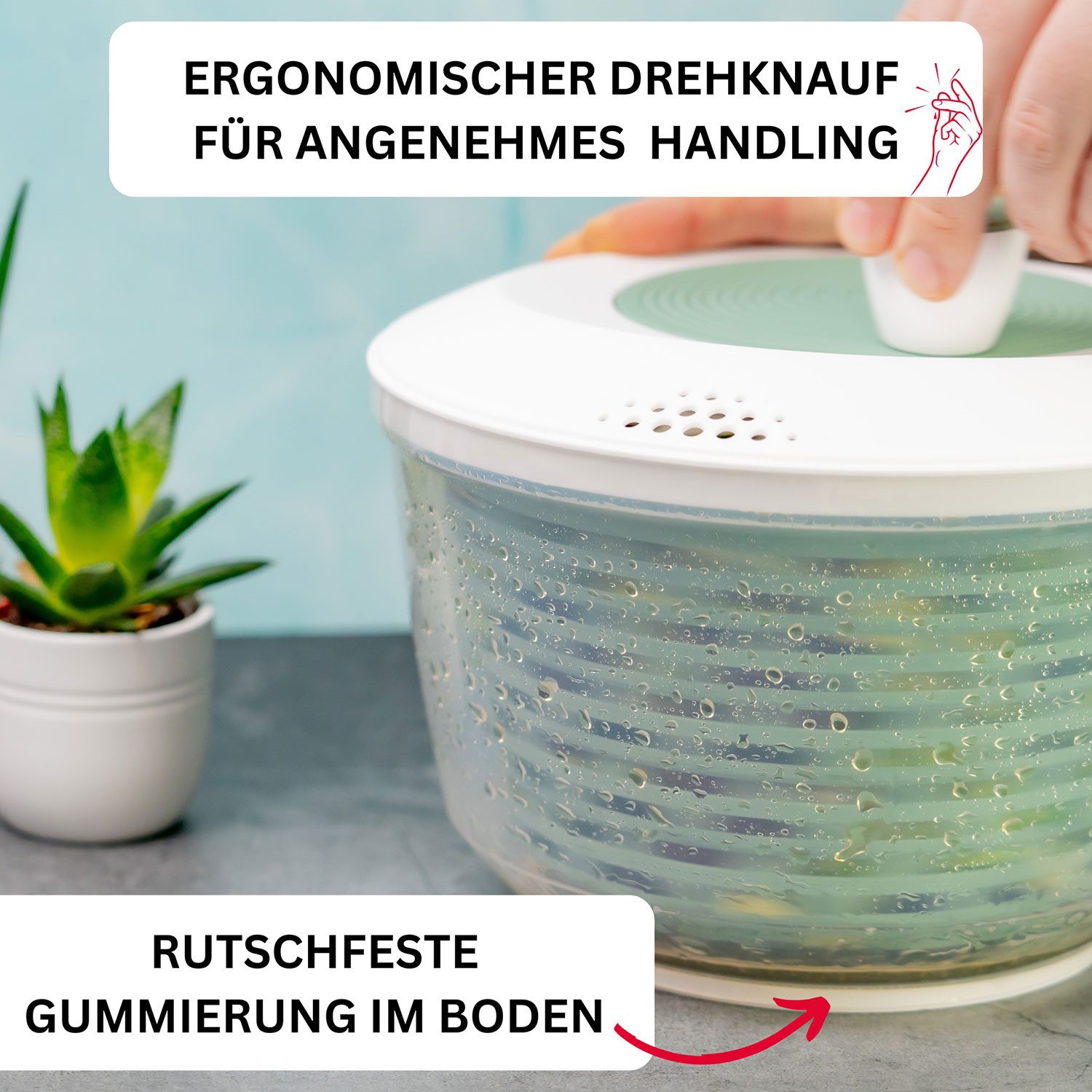 WESTMARK Salatschleuder Spinderella, Fassungsvermögen: 4,4 Liter, ø 23,5 cm, Mint-Grün, Made in Germany, BPA-frei