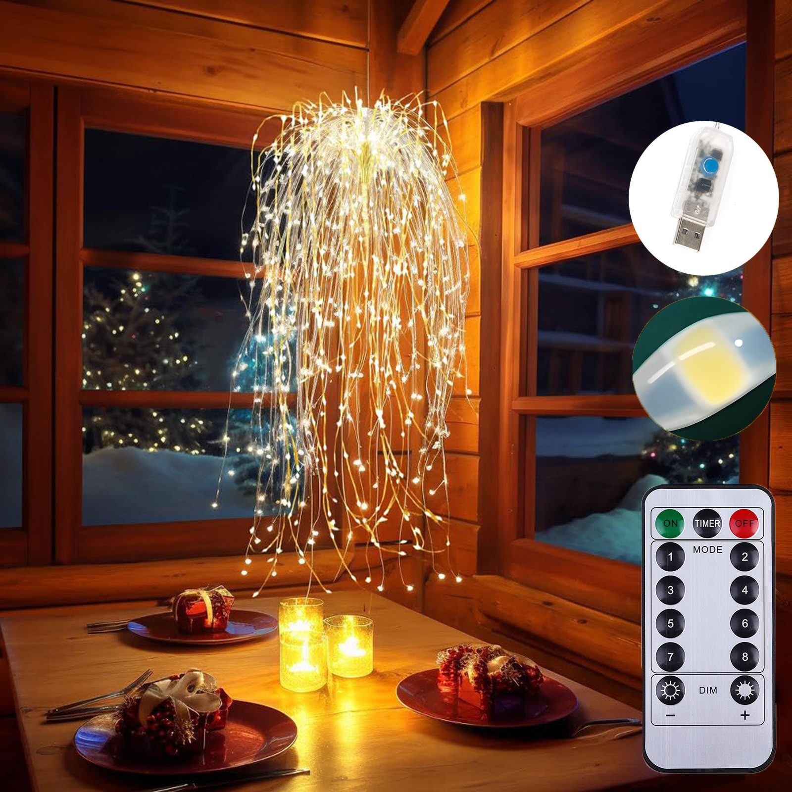 Dekobaum Lichtervorhang Baumvorhang 8 Modi Wasserfall-Lichterkette, Timer, USB