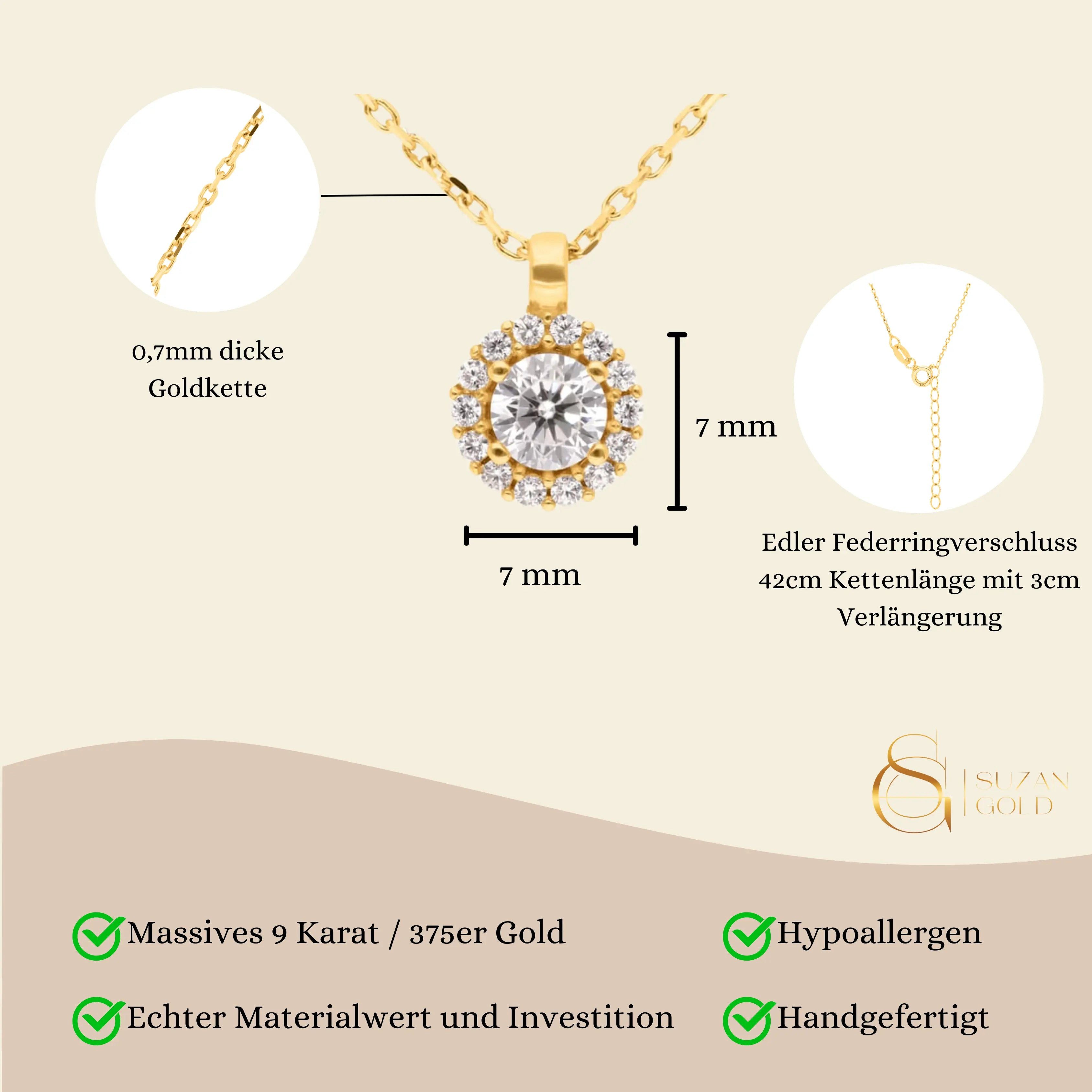 Suzan Gold Kette mit Anhänger 375er Gold Cocktailkette Damen – mit Zirkonia, glänzend & wasserfest, Gelbgold 375, Zirkonia-Steine, Länge: 42+3cm