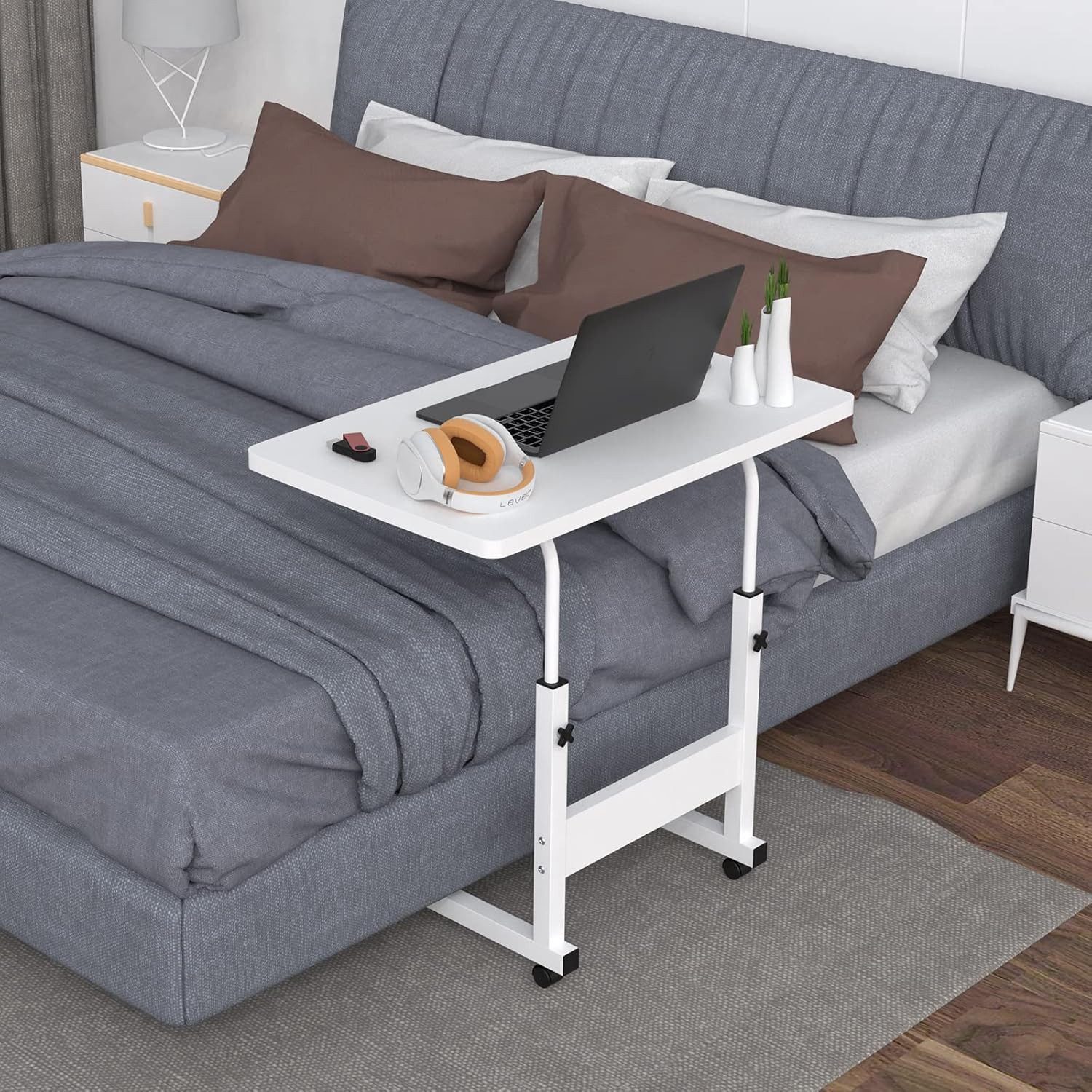 JEOBEST Computertisch Beistelltisch Höhenverstellbar 80x40x(69-89)cm Laptoptisch auf Rollen, Mobiler Beistelltisch Pflegetisch für Bett und Sofa