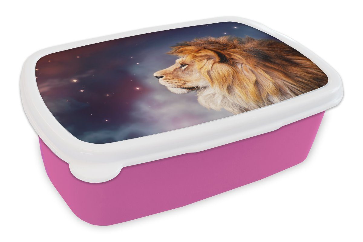 MuchoWow Lunchbox Löwen rosa - Erwachsene, Sternenhimmel Kunststoff Snackbox, - Brotdose Farben, Brotbox Kinder, Kunststoff, Mädchen, (2-tlg), für
