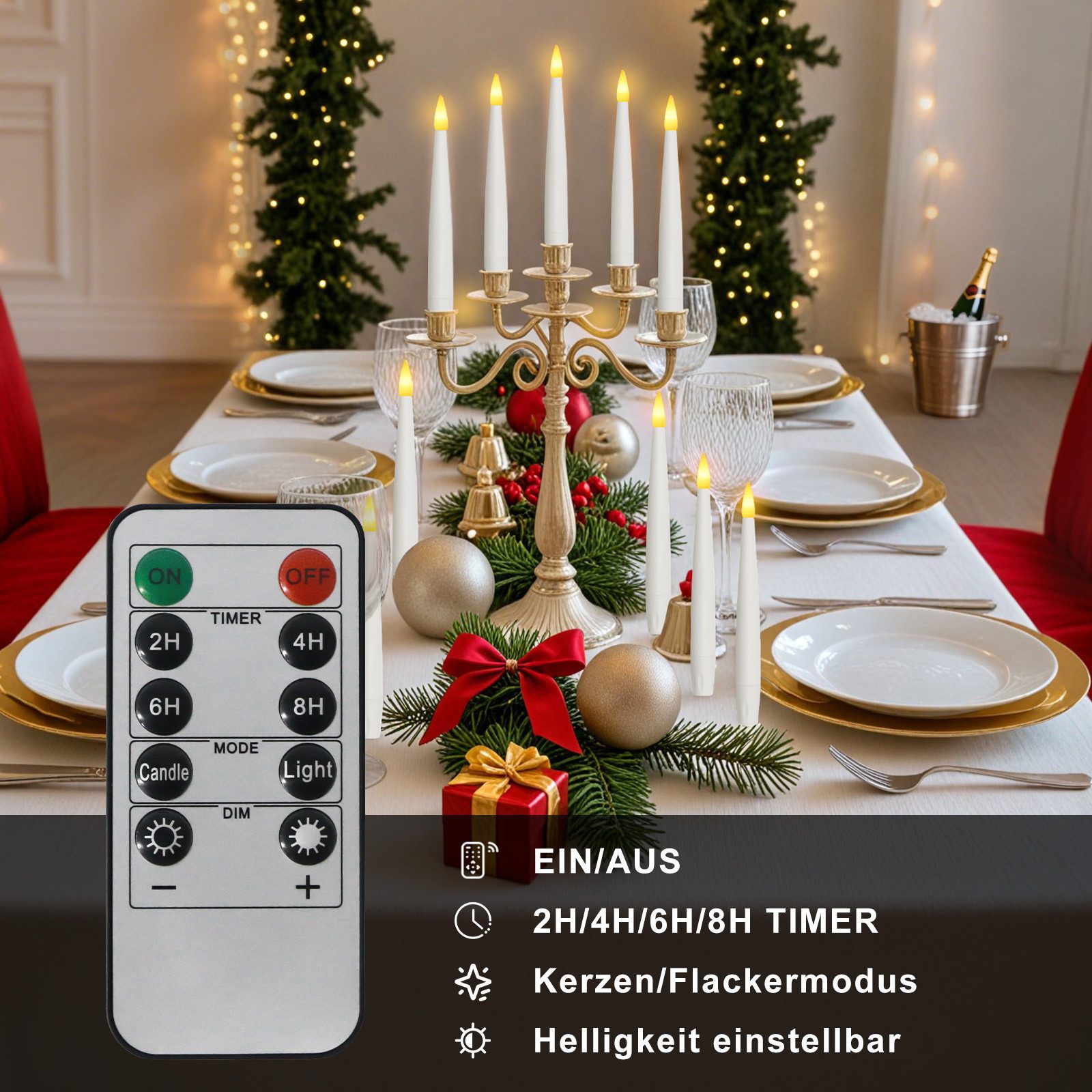 OZAVO LED-Kerze LED Weinachtsbaum Kerzen mit Kunststoff-Schneeflockendekor 12pcs (mit Fernbedienung, Flammenlose Tafelkerzen mit Timerfunktion, LED Weihnachtsba – Bild 4 von 5