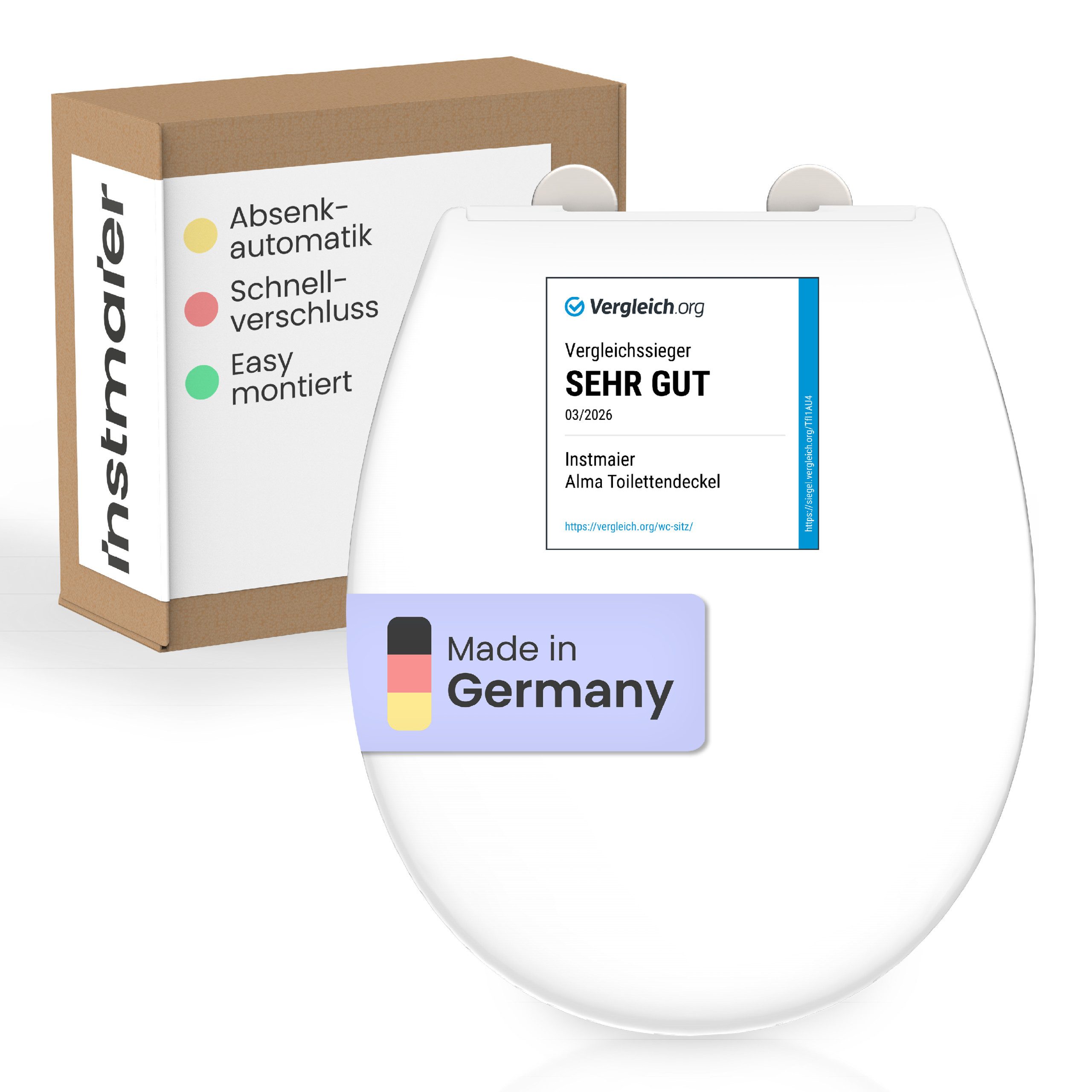 instmaier WC-Sitz Alma, Made in Germany, bakterienabweisendes Duroplast, bis 250kg, weiß, mit Absenkautomatik, zur Reinigung abnehmbar