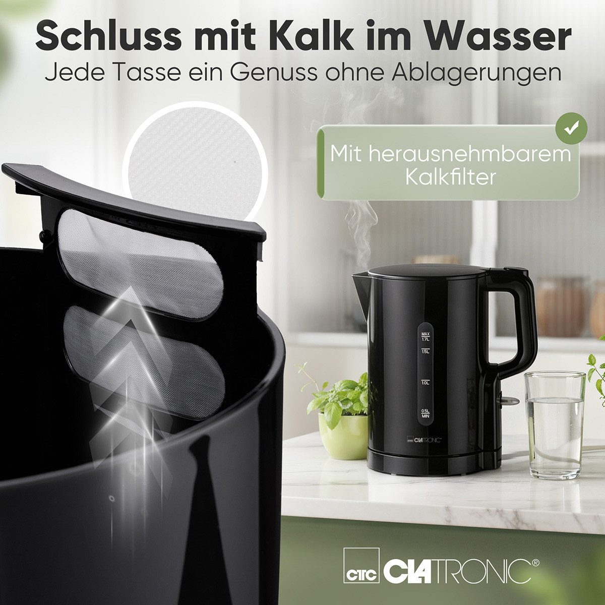 CLATRONIC Wasserkocher WK 3835, Wasserkocher 1,7L, 2200W, Einhandbedienung – Bild 5 von 5