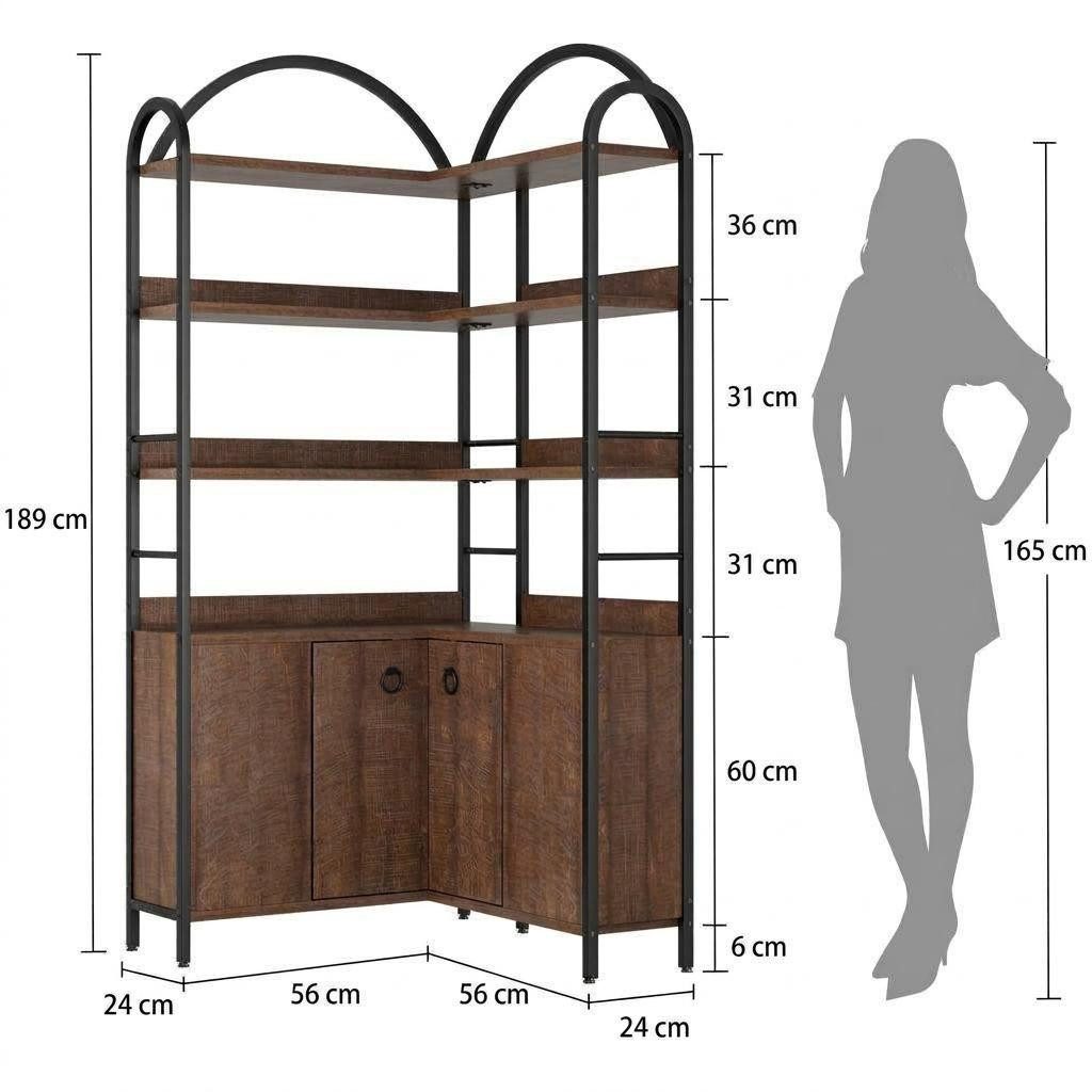 GarveeMore Bücherregal 6 Ebenen L-förmiges Eckregal Ablageregal Stauraumregal Mehrzweckregal, 189 cm Bogen Eckbücherregal Aktenregal Regal Standregal, Metallrahmen