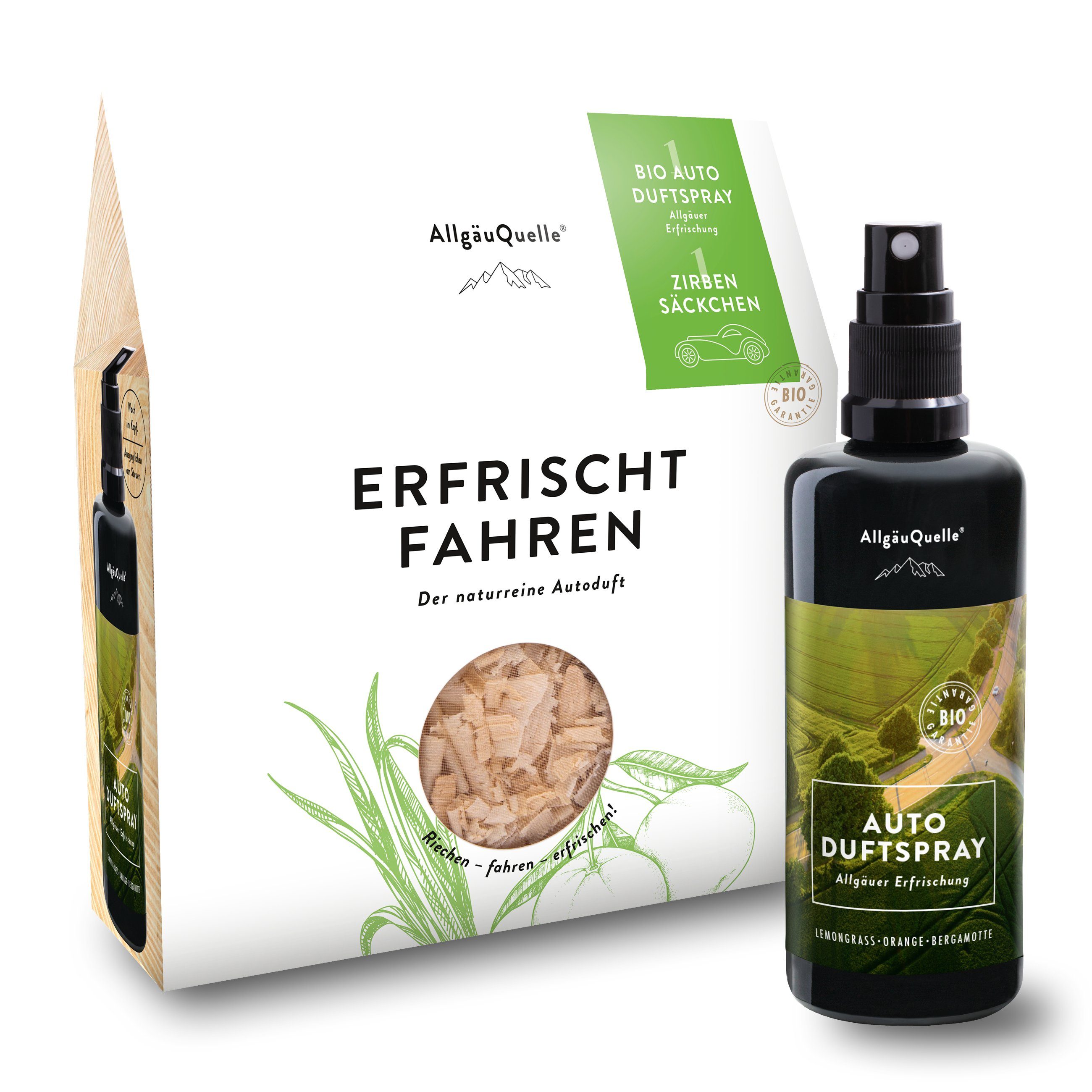 Allgäuquelle Raumduft BIO Auto Duftspray Set Erfrischung (1 x 100ml + Zirben-Säckchen), mit 1 x 100ml Lemongrass, Orange & Bergamotte + Zirben-Säckchen