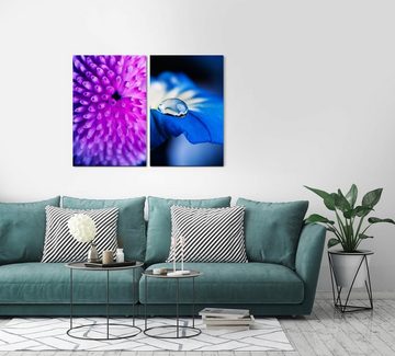 Sinus Art Leinwandbild 2 Bilder je 60x90cm Koralle Wassertropfen blaue Blüte Violett Sanft Beruhigend Fotokunst