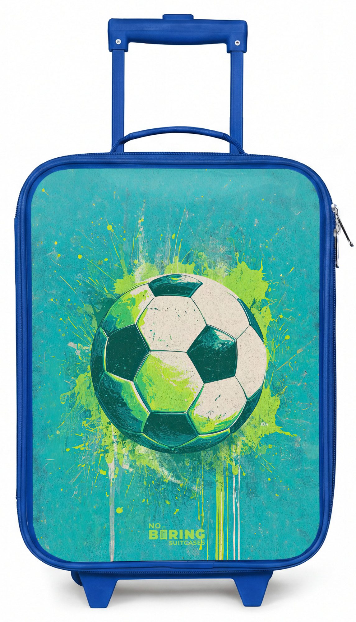 Kinderkoffer Blau - mit leuchtende Räder - Fußball - Farbspritzer - Grün - Blau