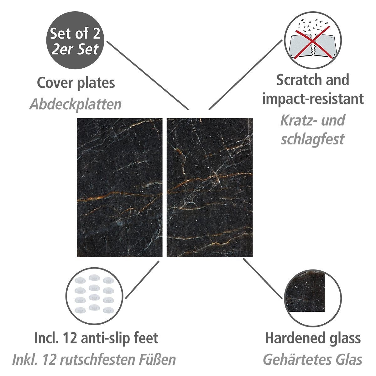 WENKO Herd-Abdeckplatte WENKO Herdabdeckplatten-Set MARMOR BHT 30x.80x52 cm schwarz