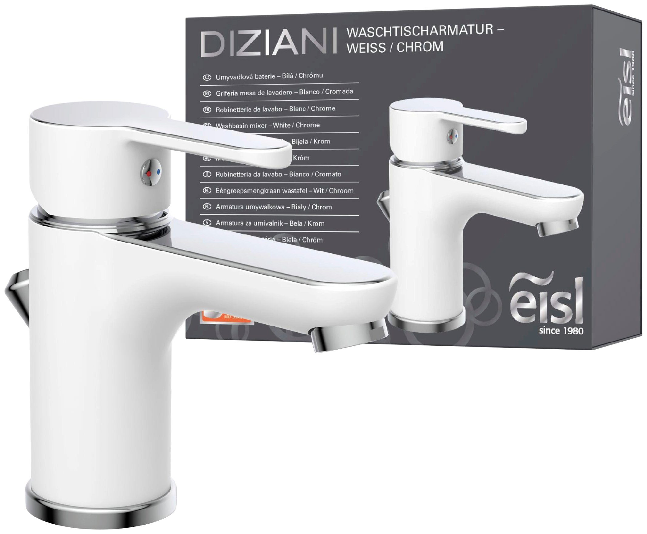 Eisl Waschtischarmatur Diziani mit Mischbatterie Chrom Ablaufgarnitur, weiß, Wasserhahn Zugstange, mit