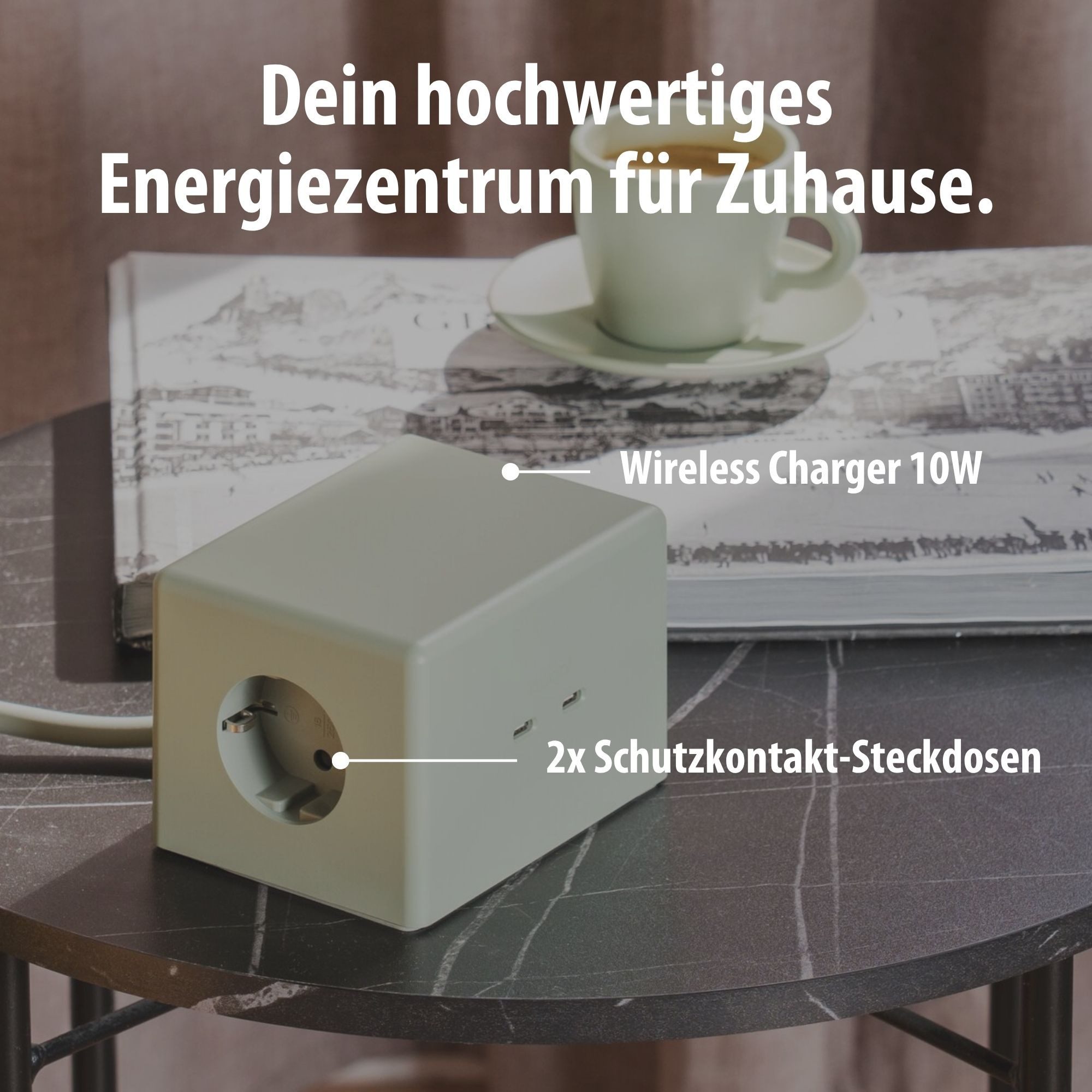 Brennenstuhl hugo! ONE 2nd Gen. Steckdosenwürfel mit USB C 20W PD, Wireless Charger Steckdosenleiste 2-fach (Kabellänge 2 m) – Bild 3 von 5