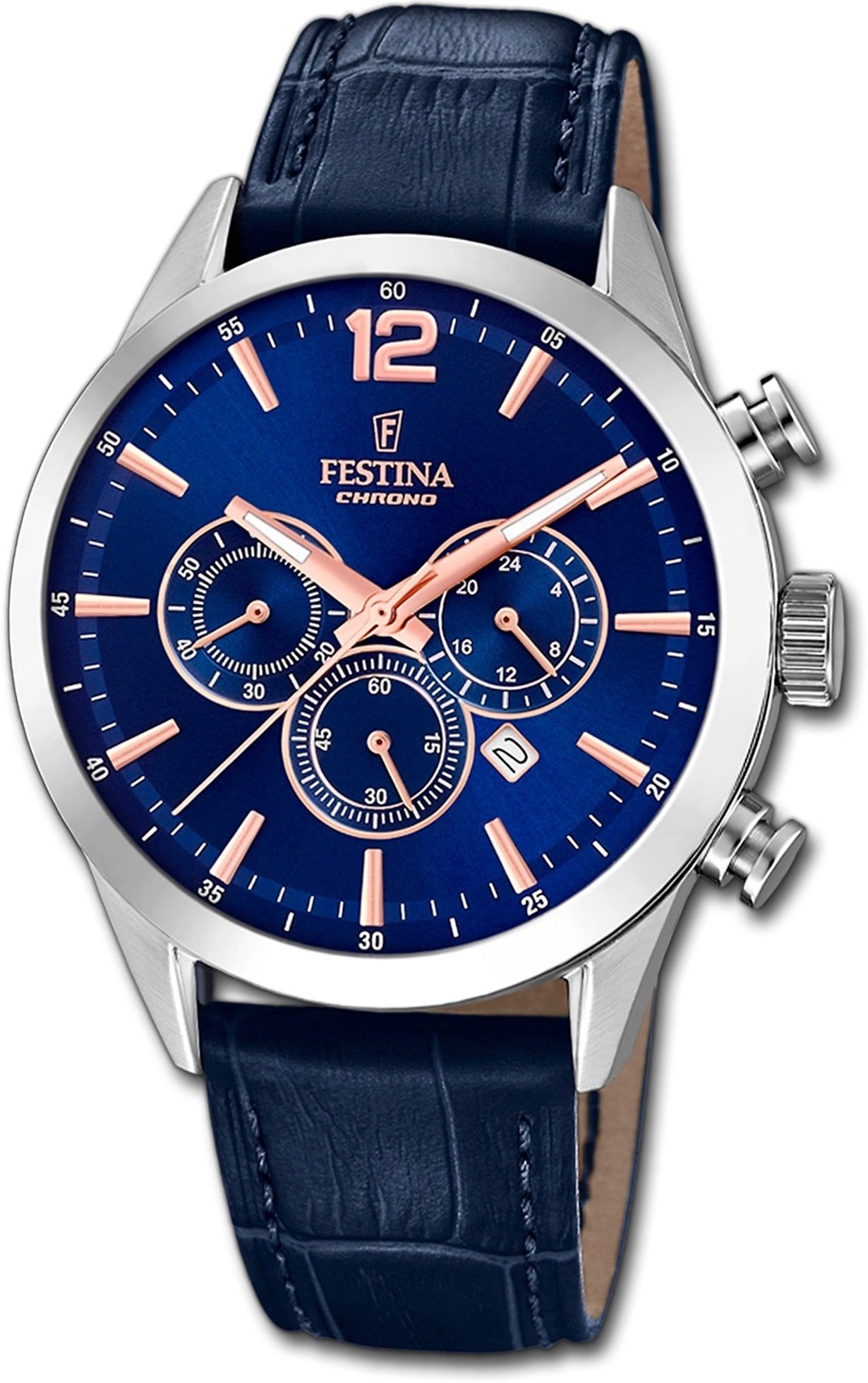 Festina F20542/4, mit Festina Fashion-S rundes groß Herrenuhr Lederarmband, (ca. Gehäuse, Chronograph Herren 44mm), Leder Uhr