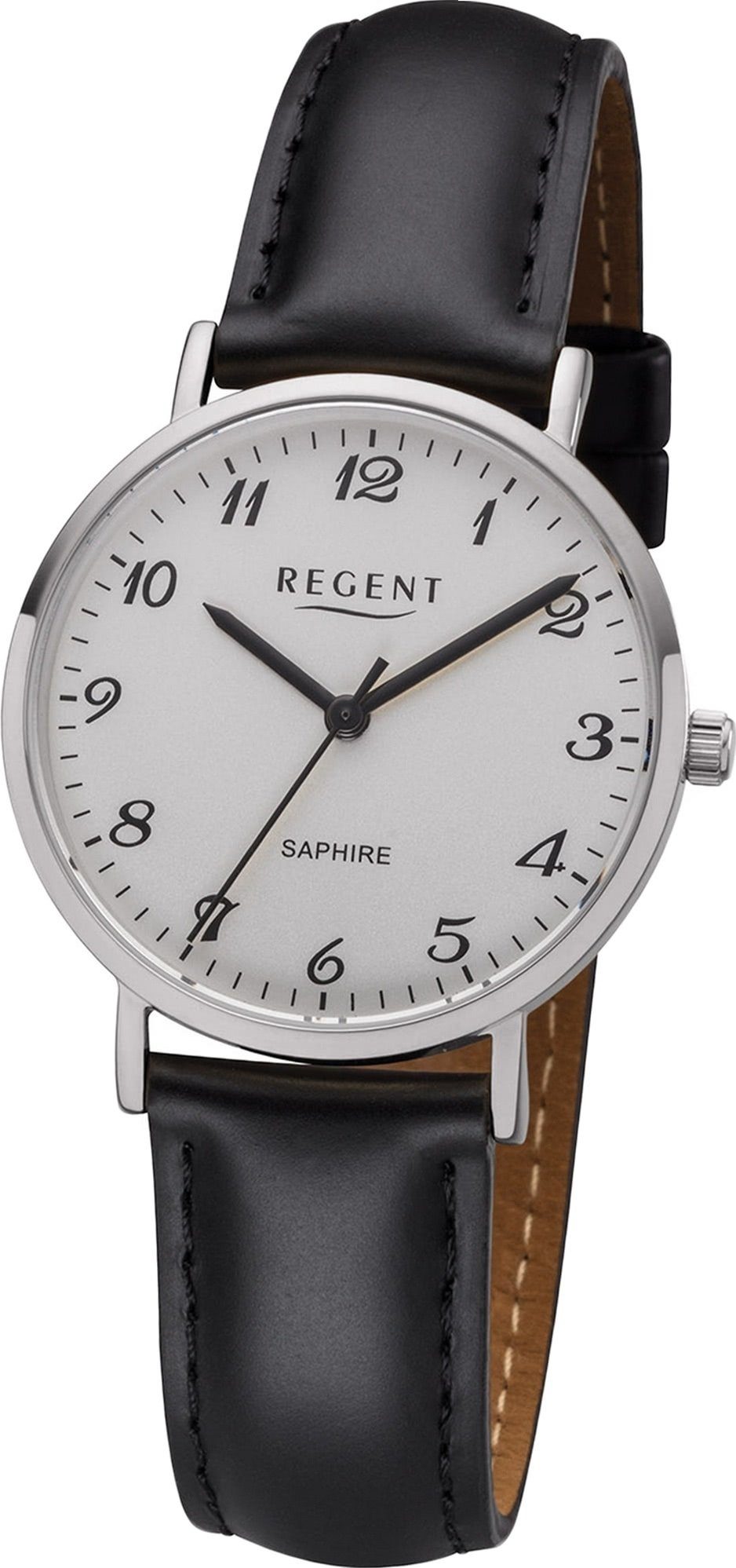Regent Quarzuhr Regent Leder Damen Uhr F-1217 Analog, Damenuhr Lederarmband schwarz, rundes Gehäuse, mittel (ca. 32mm)