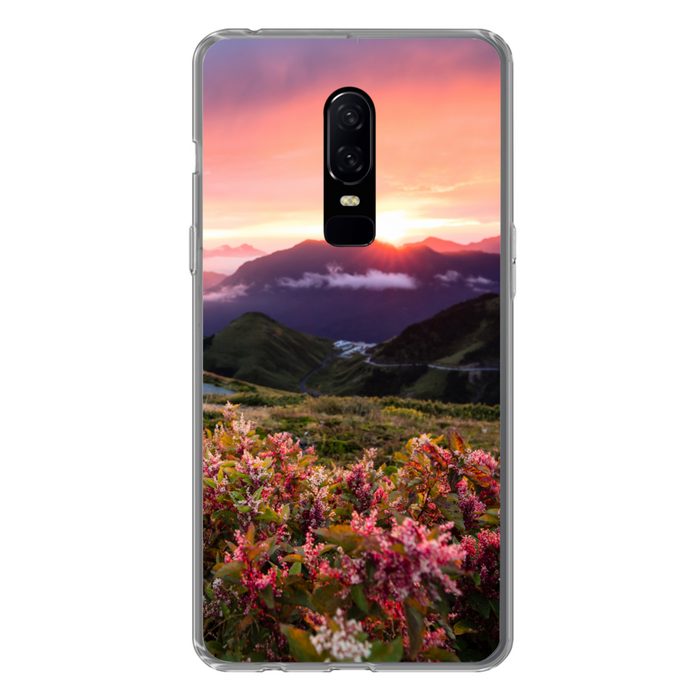 MuchoWow Handyhülle Blumen - Berge - Landschaft - Nacht - Himmel - Rosa Phone Case Handyhülle OnePlus 6 Silikon Schutzhülle