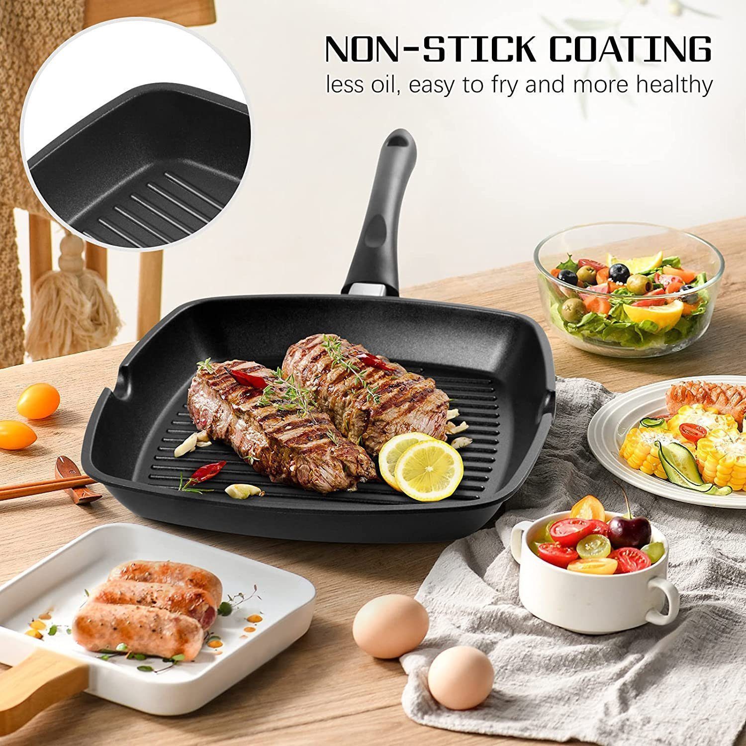 SunJas Grillpfanne 2er set 28 x 28cm Steakpfanne mit Griff und Antihaftbeschichtet, Aluminium (2-tlg), Für alle Herdarten inklusive Induktionsherd