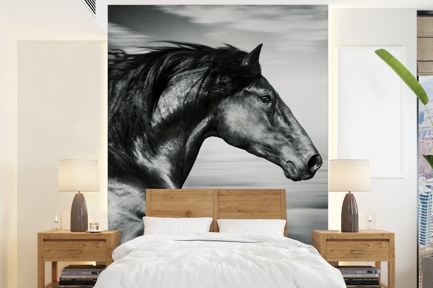 MuchoWow Fototapete Pferd - Tiere - Schwarz - Weiß, Matt, bedruckt, (4 St), Montagefertig Vinyl Tapete für Wohnzimmer, Wandtapete