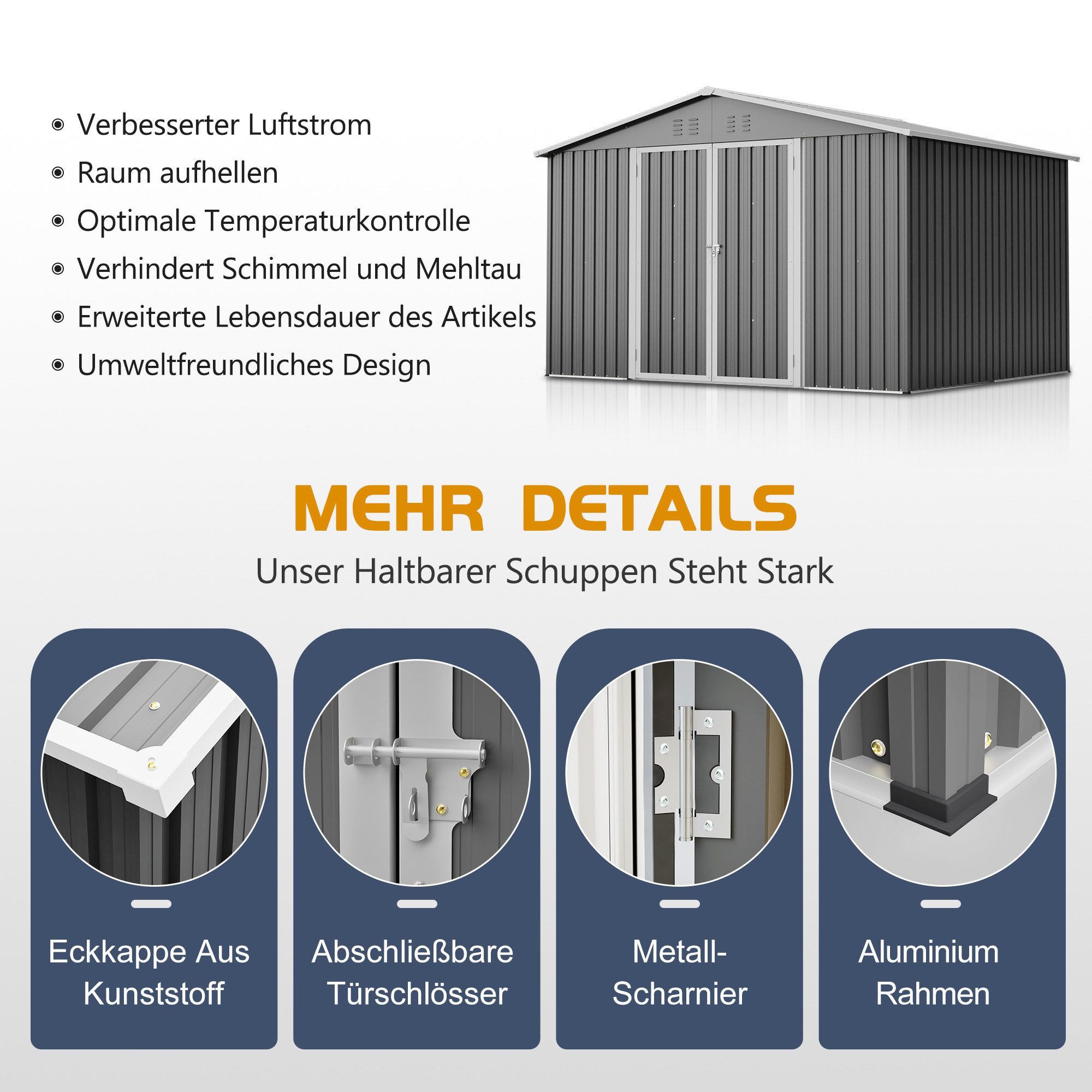 Rolipo Gerätehaus Großes Witterungsbeständiges Gartenhaus Metallfundament (ohne Boden), BxT: 300x252 cm, (Set), Innenmaße ca. 289 x 239 x 155cm für Rasenmäher,F – Bild 5 von 5