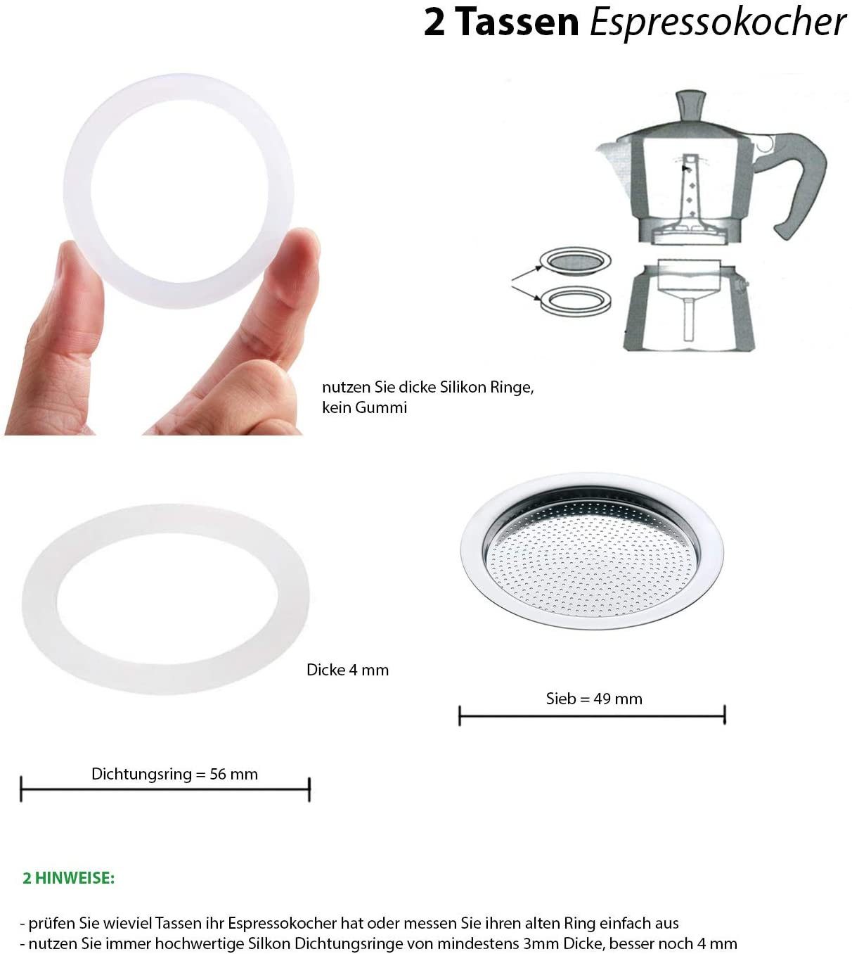 WestCraft Küchenmaschinen Zubehör-Set Ersatz Silikon Dichtungsring Sieb Espresso Kocher mit 1 2 3 6 Tasse, Zubehör für alle Espressokocher mit DIN Norm, 2x Ersatzring (56mm) + 1x Sieb (48mm) für Espressokocher mit 2 Tassen
