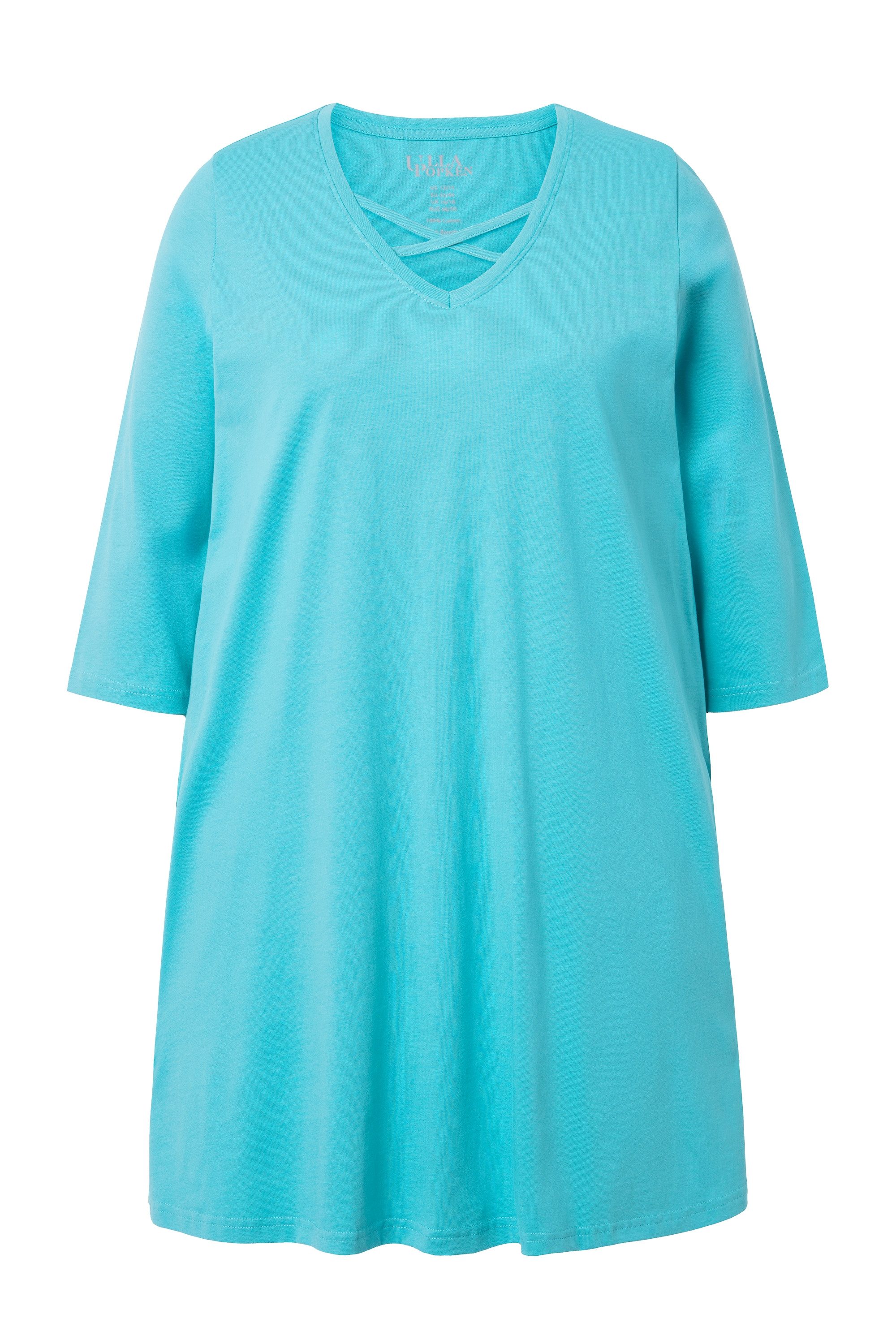 Ulla Popken Longshirt Longshirt Zierbänder A-Linie V-Ausschnitt 3/4-Arm