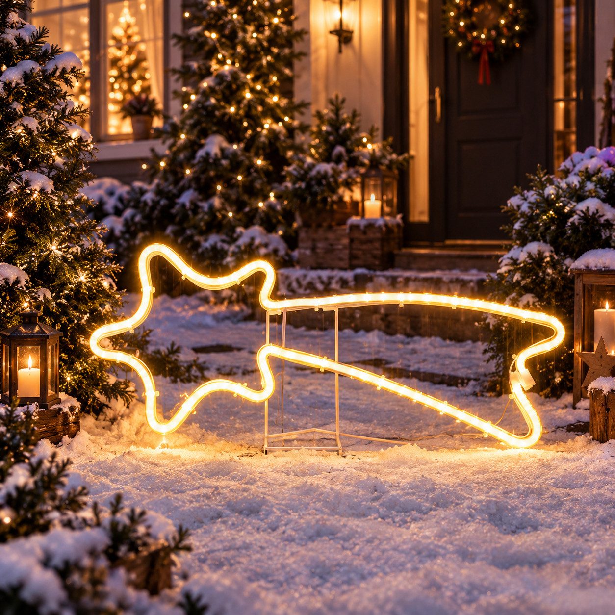 Salcar LED-Lichterkette 300er LED Neonlicht Stern 50-90cm Außen Sternschnuppe Weihnachtslicht, Ø70cm Fenster LED Lichterkette Garten Weihnachtsdeko Warmweiß