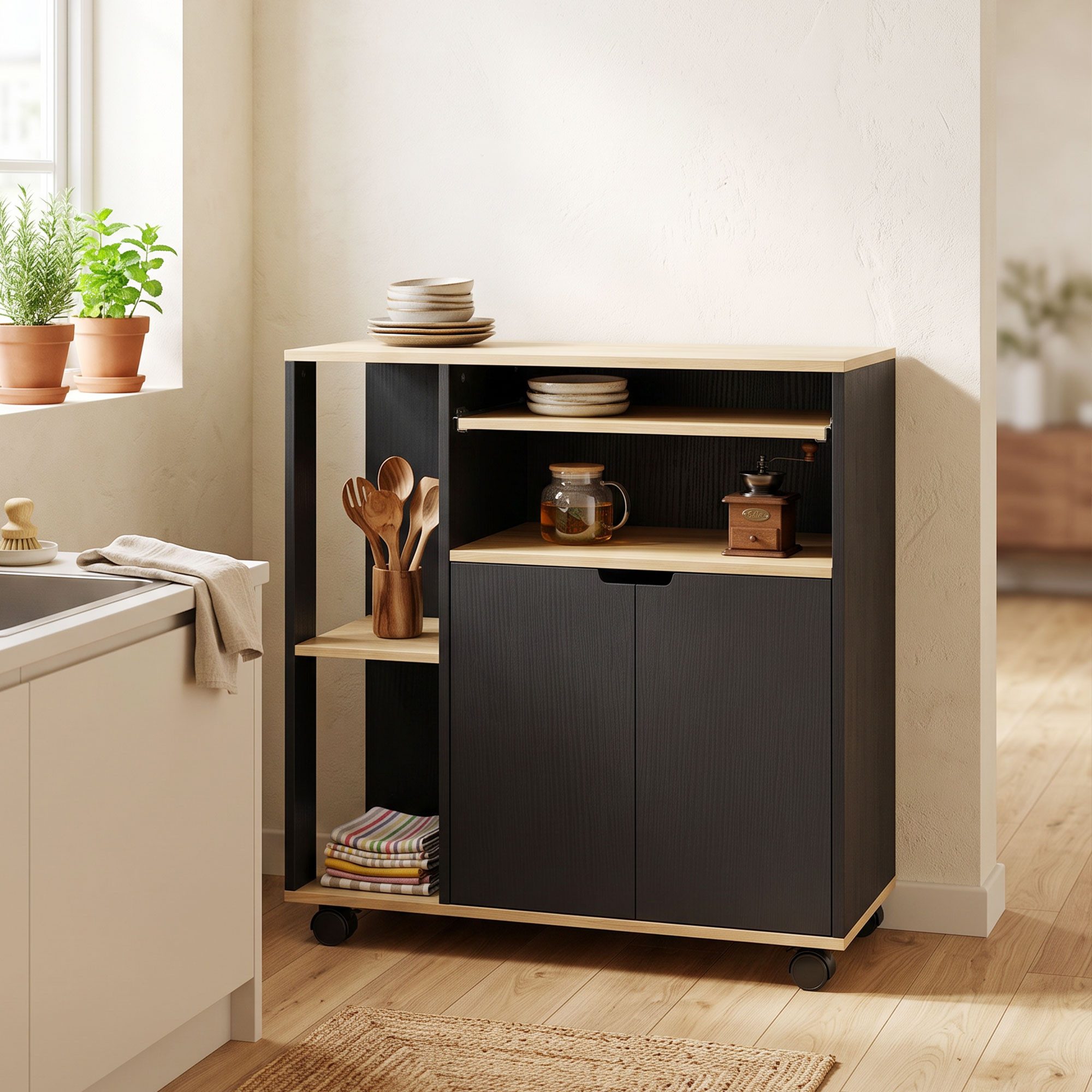 HOMCOM Küchenwagen Servierwagen Küchenregal mit Rollen, Griff, (Set, 1 St., 1), für Küche Bad Büro Wohnzimmer Schwarz