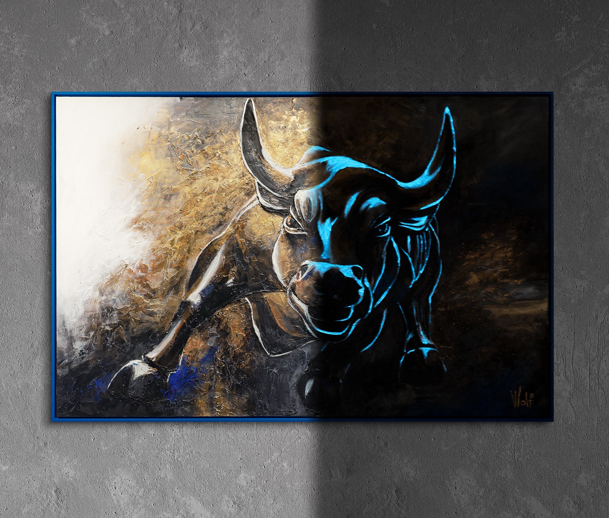 YS-Art Gemälde Symbol der Furchtlosigkeit, Tiere Mit Rahmen in Blau