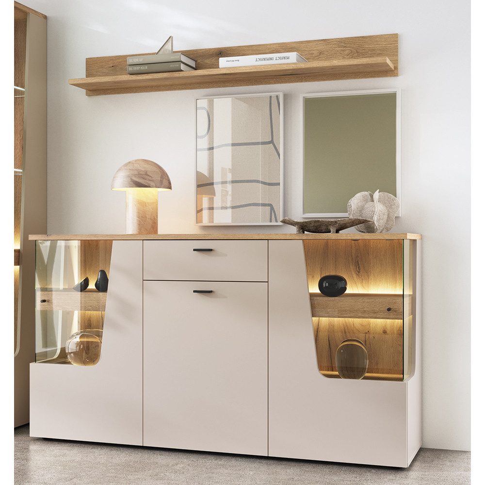 Lomadox Esszimmer-Set CARMONA-129, (Spar-Set, 2-St., Sideboard Wandregal), in kaschmir und Eiche, inkl. LED-Beleuchtung