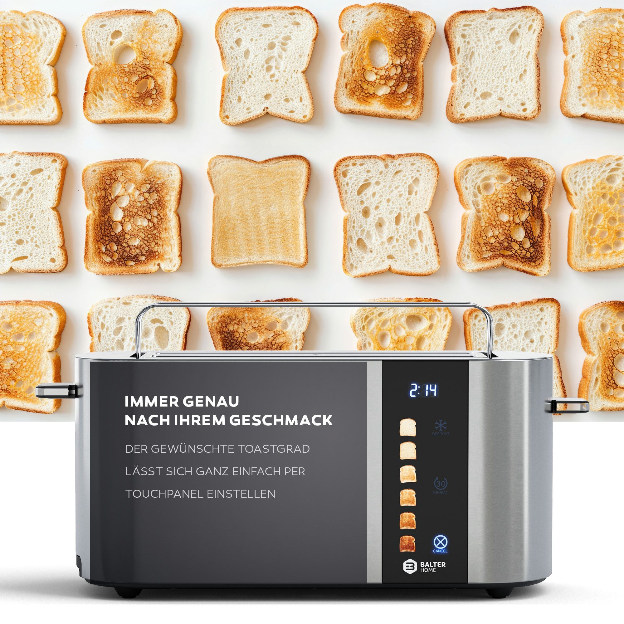 Balter Toaster 4 Scheiben, Langschlitz, Edelstahl, Brötchenaufsatz, TS-34, Langschlitz, für Sandwichtoast, 1500 W, Touch Screen, 2 lange Schlitze für 4 Scheiben, 1500 W, Brötchenaufsatz