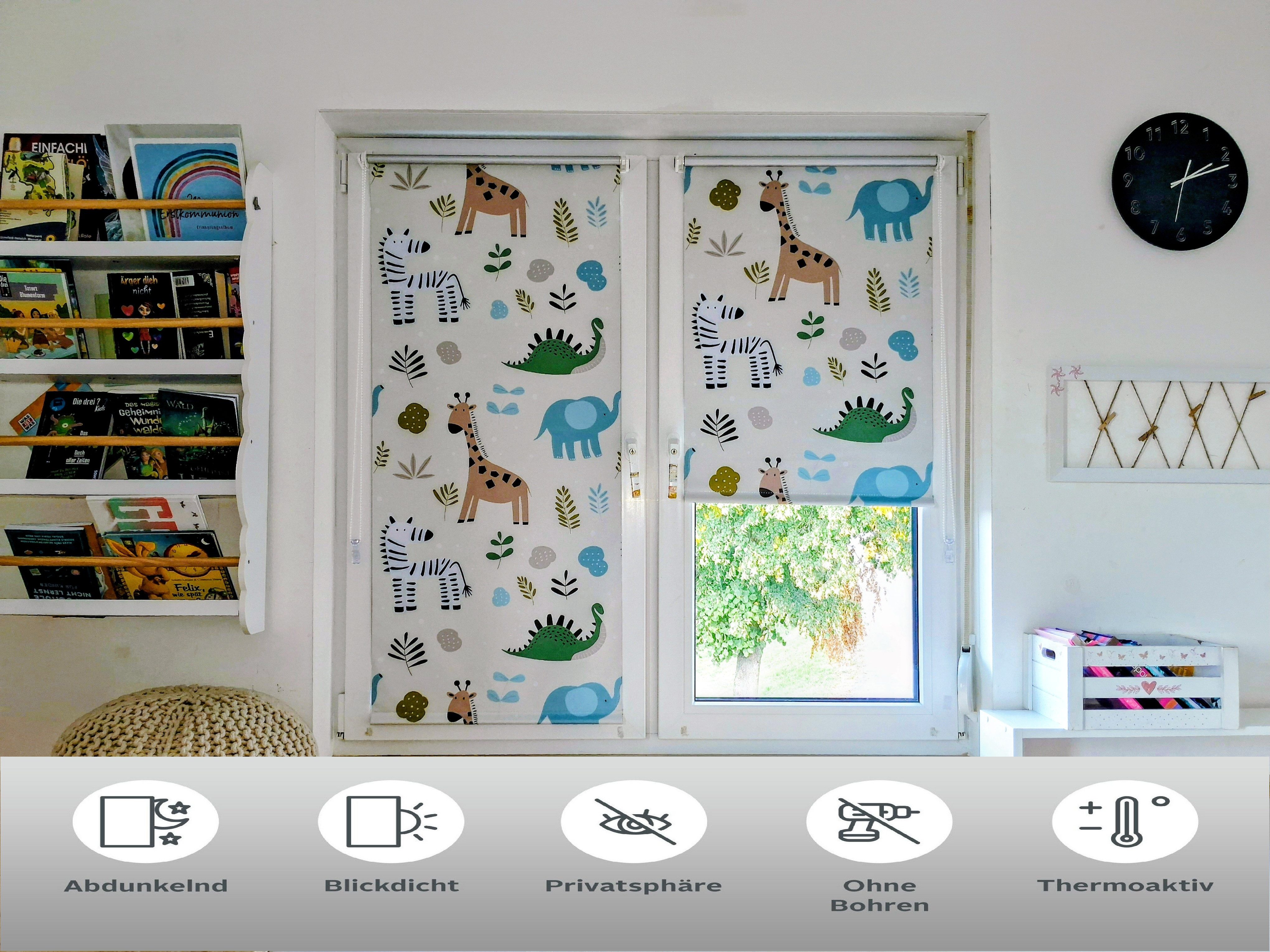 Seitenzugrollo Seitenzugrollo Thermo Klemmfix-Rollo mit Motiv Zoo, K-HOME, verdunkelnd, ohne Bohren, freihängend, Klemmfix, Kinderrollo