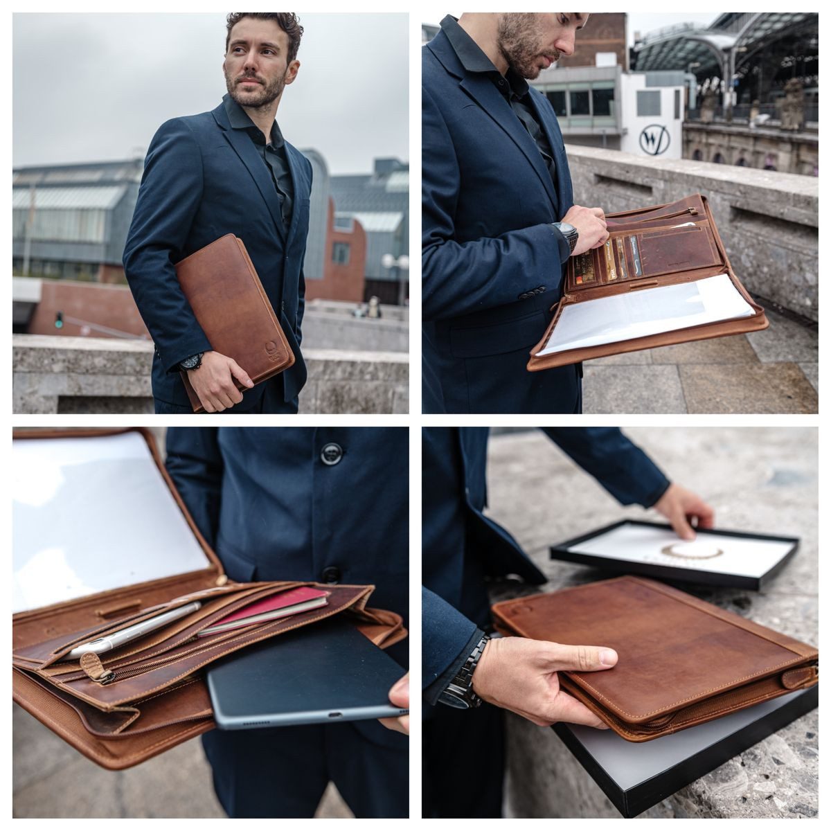 Corno d´Oro Aktenmappe für bis 12 Zoll Tablet iPad Handmade Schreibmappe A4 Leder Braun, Konferenzmappe mit Reißverschluss, RFID Schutz, im Geschenkbox