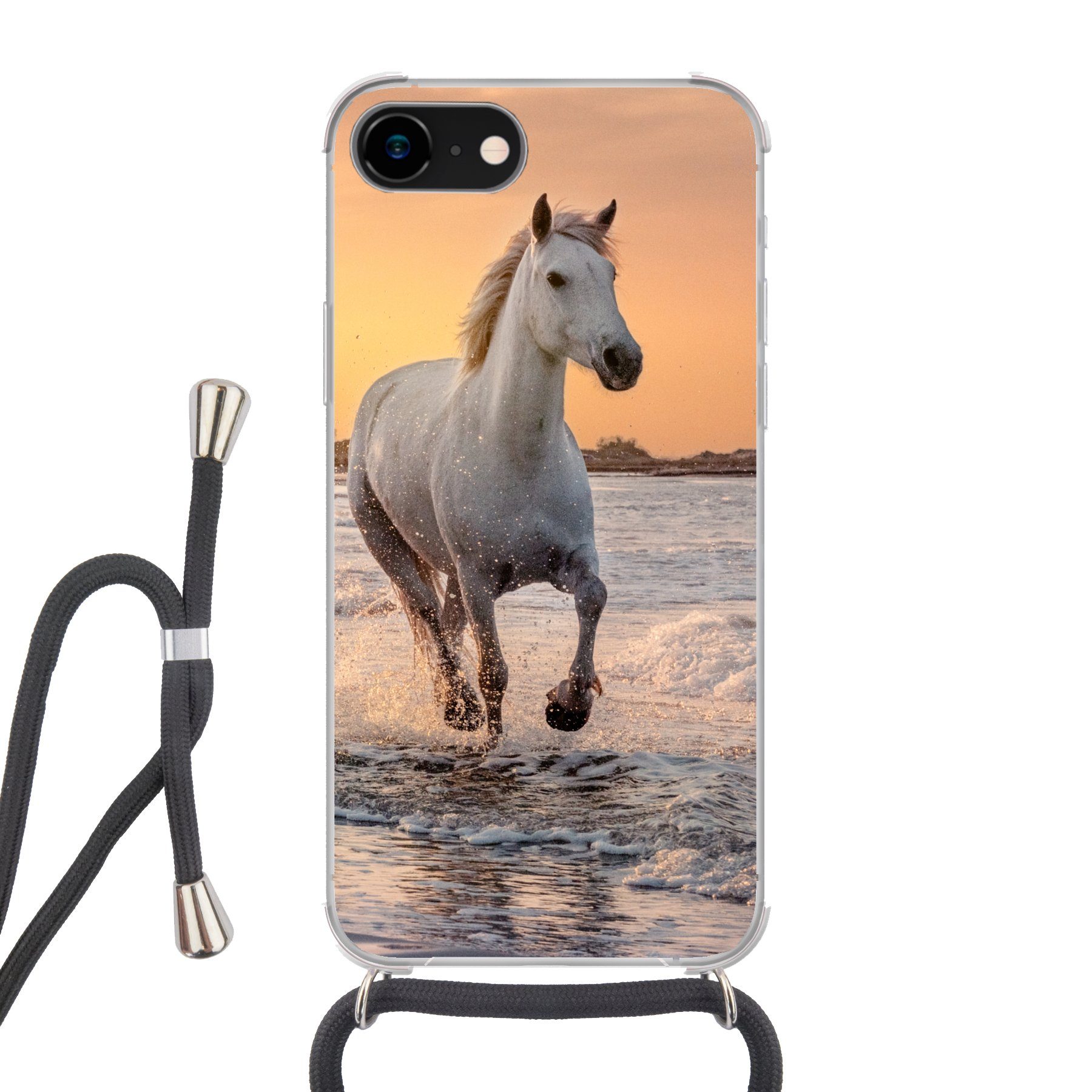 MuchoWow Handyhülle für Apple iPhone 8 Pferde - Sonne - Meer - Strand - Tiere, Tragbare Handyhüllen mit Kette zum umhängen, Handykette Handyband