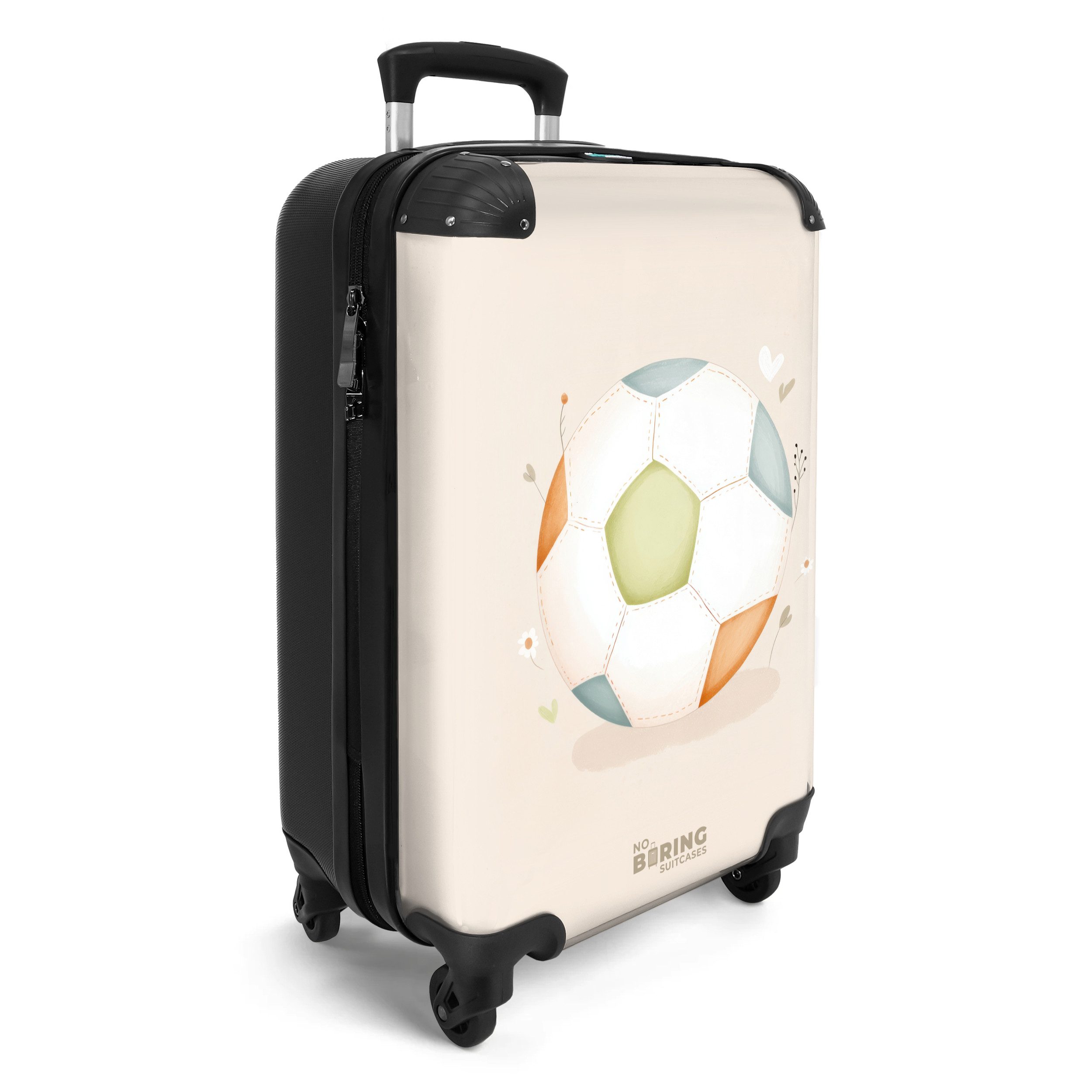 NoBoringSuitcases.com© Kinderkoffer Fußball in beigefarbenen Pastellfarben 55x35x20cm, 4 Rollen, Kinder Koffer Klein, Trolley Handgepäck, Reisekoffer