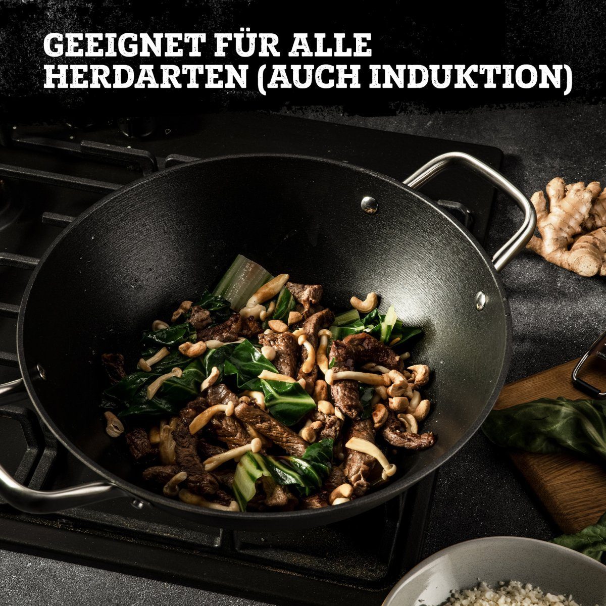 FMprofessional Wok Force aus Gusseisen 28 cm – Bratpfanne mit Antihaftbeschichtung, Gusseisen