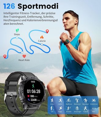 ESFOE Herren mit Telefonfunktion,IP68 Wasserdicht Fitness Smartwatch (1.43 Zoll, Andriod iOS), mit Schrittzähler/Blutdruckmessung,Outdoor Smartwatch Militär