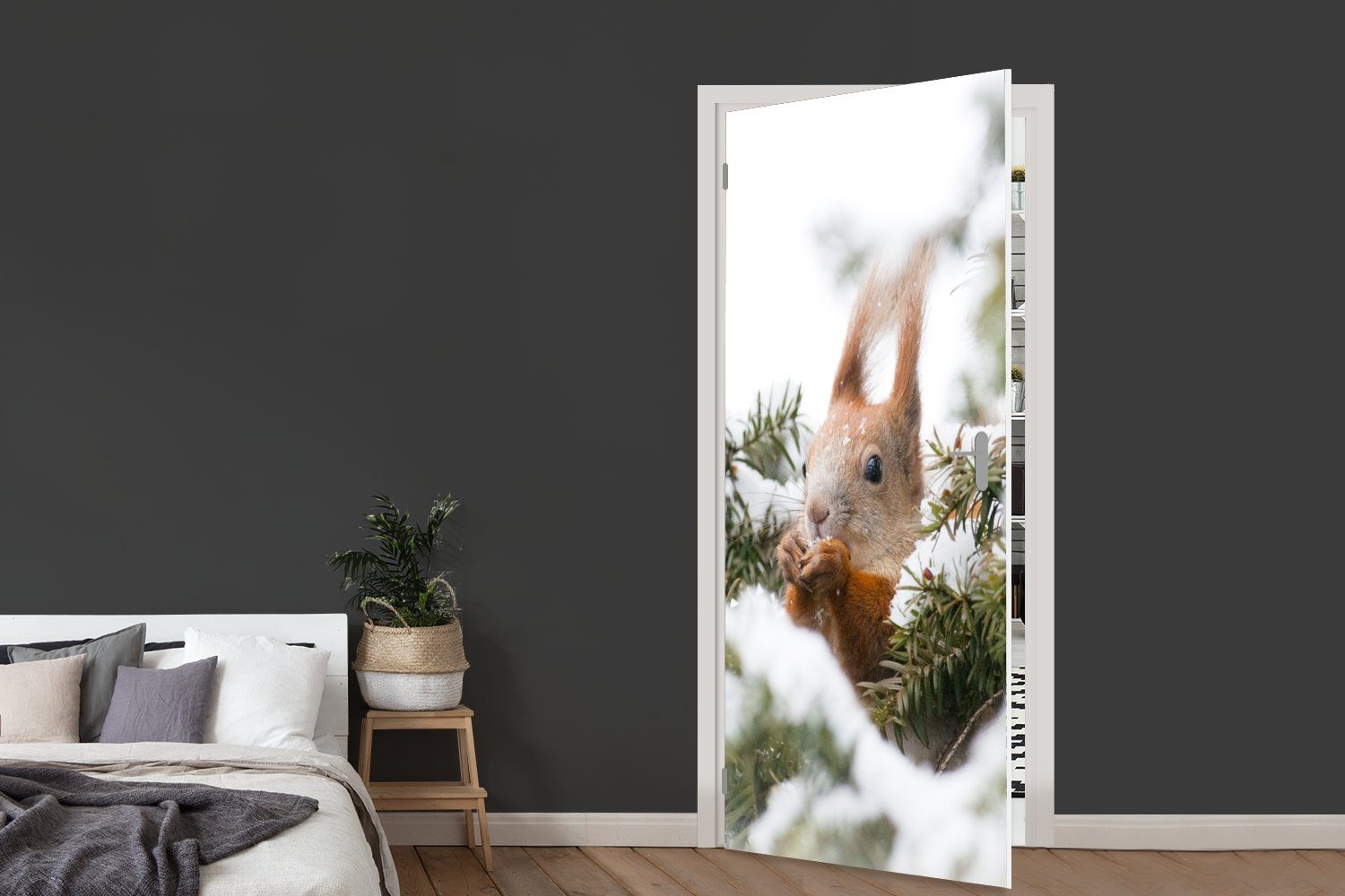 MuchoWow Türtapete Eichhörnchen - für 75x205 Tür, - Kiefer cm St), (1 Matt, Schnee, Türaufkleber, bedruckt, Fototapete