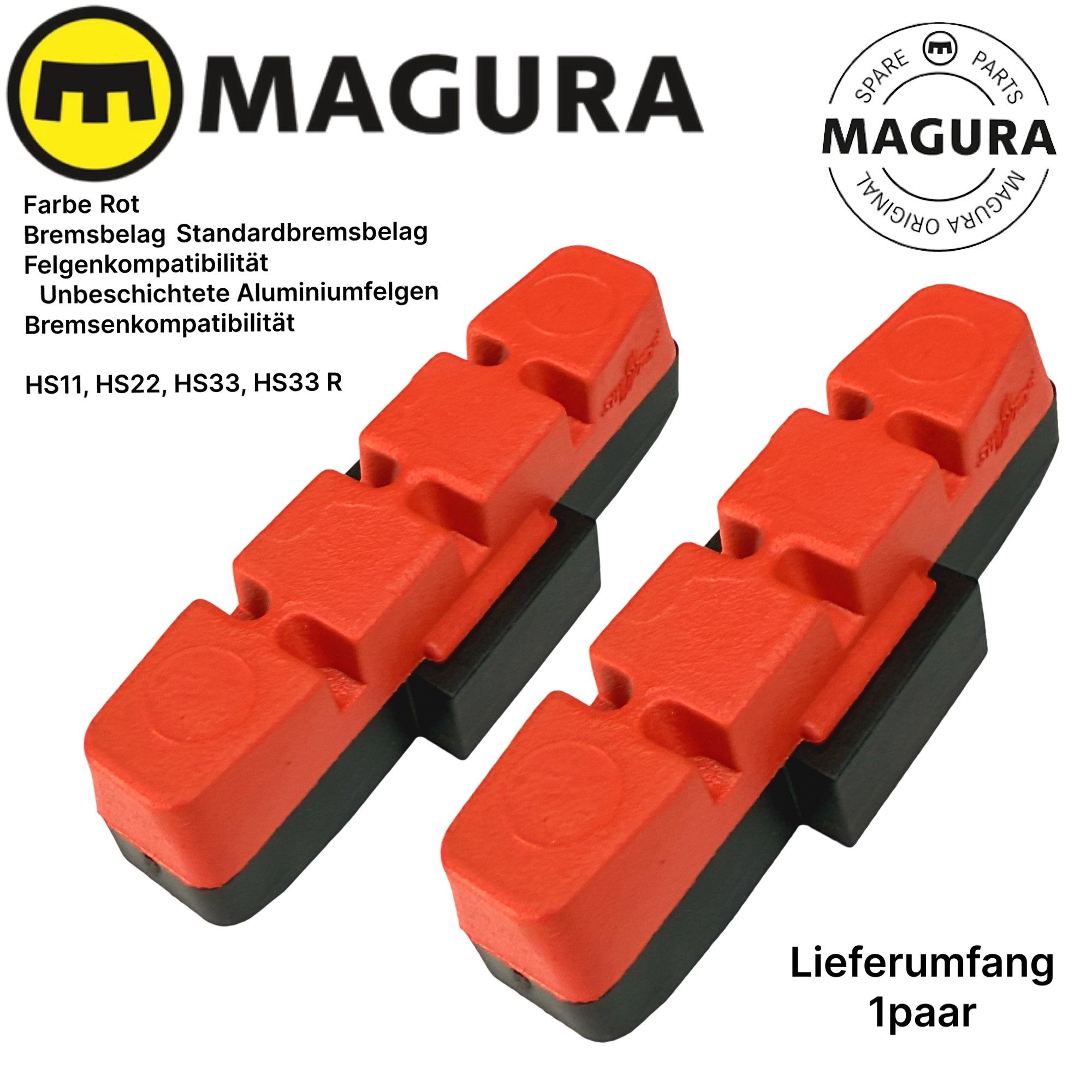 Magura Felgenbremse Magura Bremsbeläge für unbeschichtet Felgen Hs11 HS22 HS33 Evo Rot