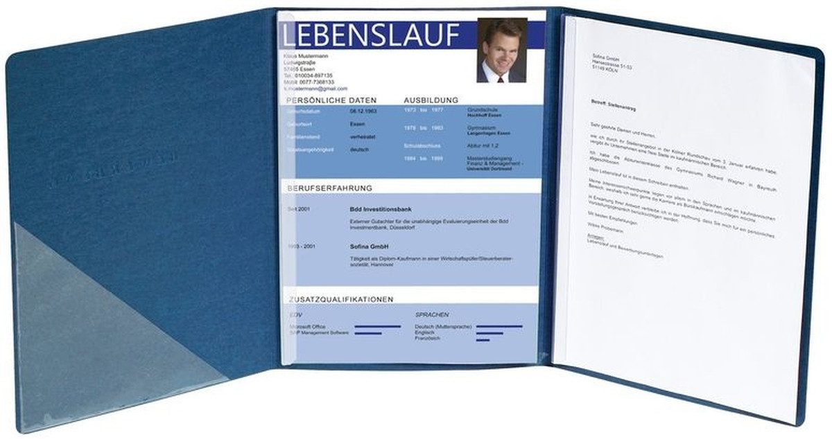 Bewerbungsmappe Bewerbungsmappe 3-teilig 2 Klemmen Innentasche Leinenstruktur blau