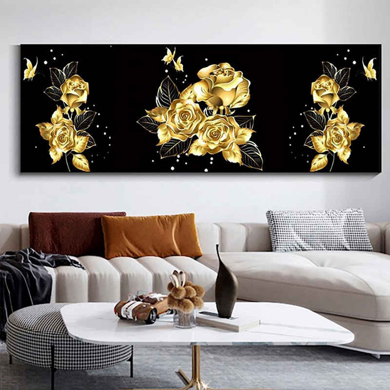 TPFLiving Kunstdruck (OHNE RAHMEN) Poster - Leinwand - Wandbild, Außergewöhnliche Blumenmotive in Breitbild-Format - (Leinwand Wohnzimmer, Leinwand Bilder, Kunstdruck), Farben: Gold, beige, rot, blau, weiß und rosa - Größe 20x60cm
