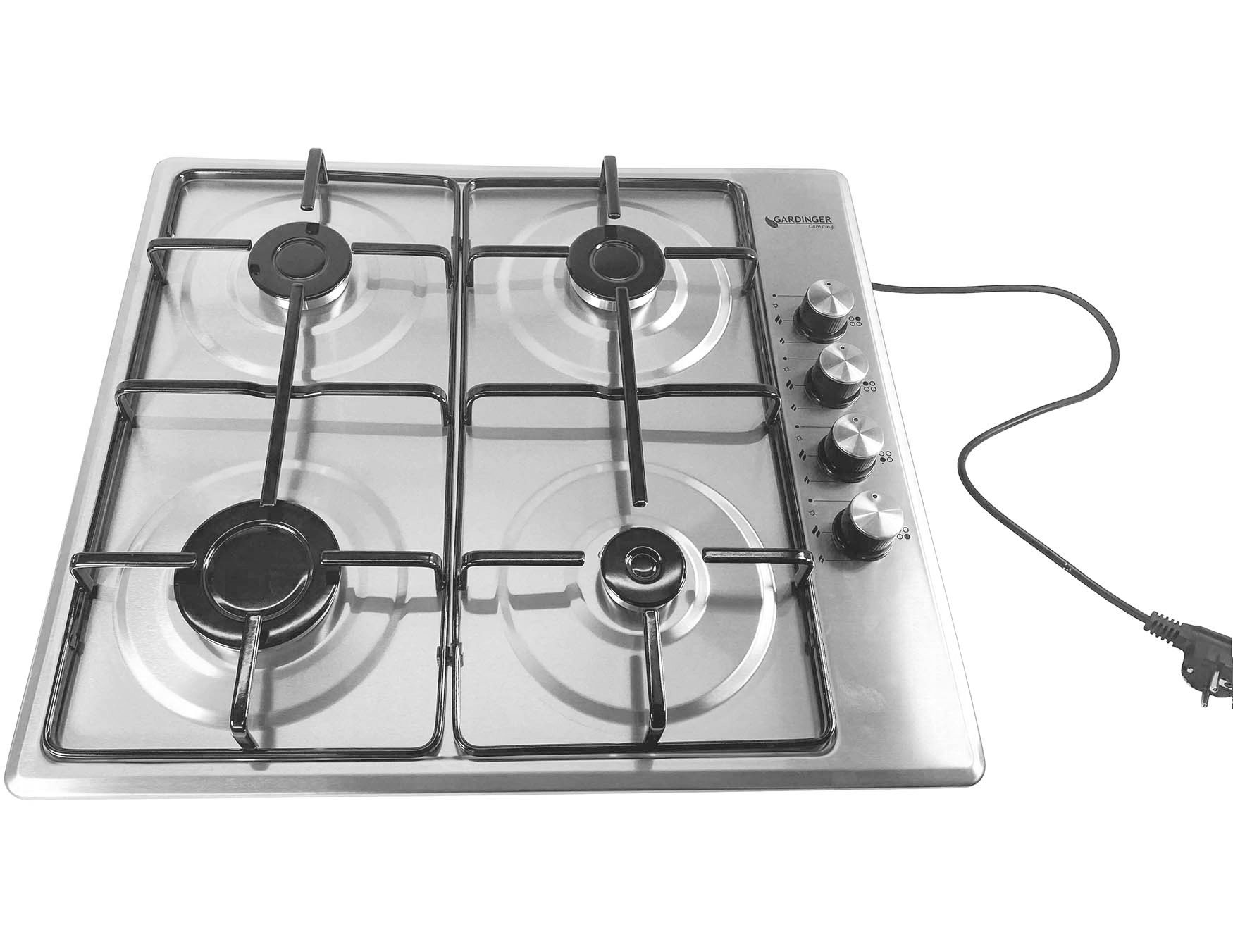 GARDINGER Taschenkocher Haushaltskocher prime 4-flammig Edelstahl Einbau-Kochplatte Piezo, (1-St), Anschluss Mehrweg-Propanflasche, Aluminiumbrenner