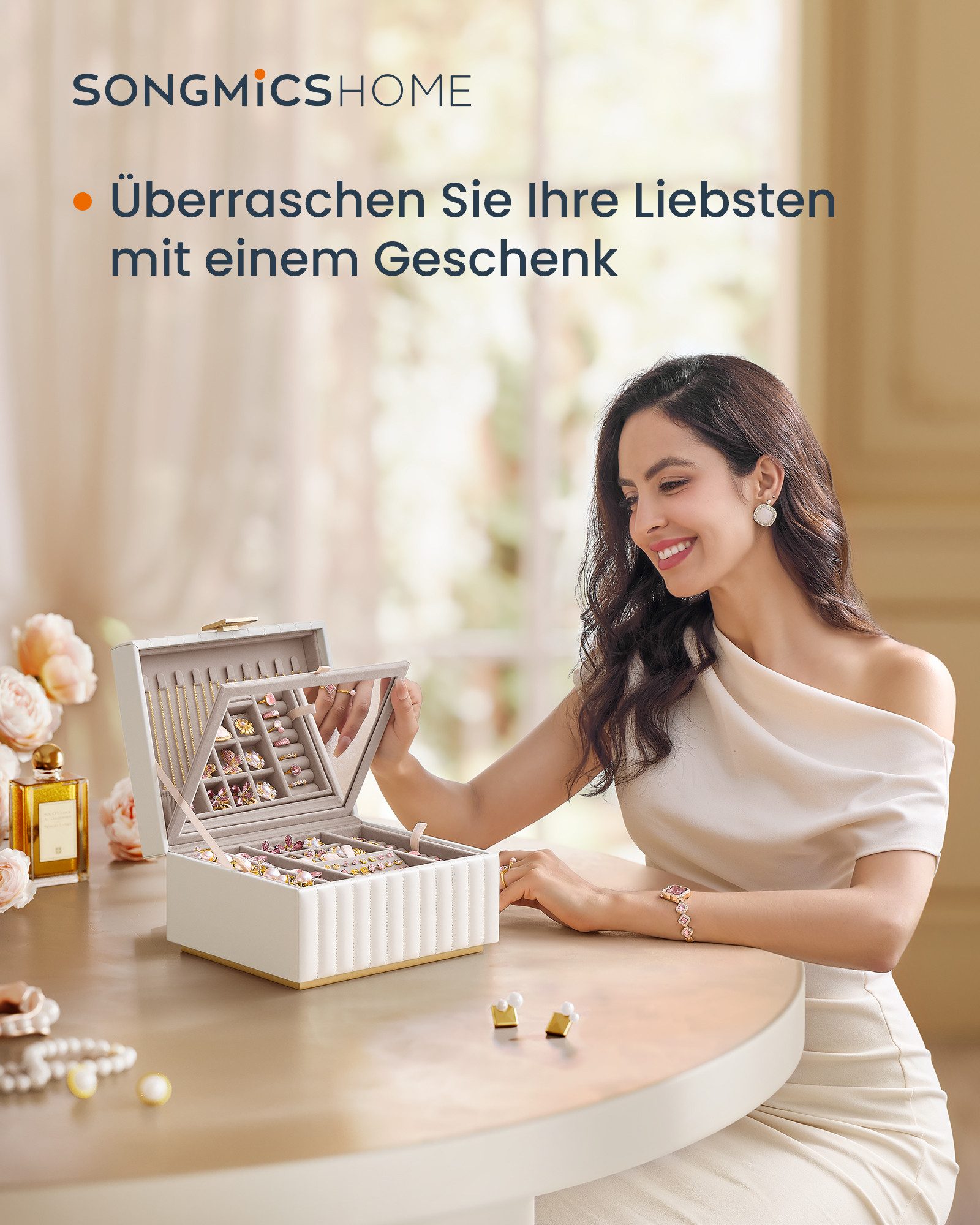 SONGMICS HOME Schmuckkasten Schmuckbox Schmuckaufbewahrung, mit Spiegel 2/3/4 Ebenen, aus PU mit Nähten, Geschenkidee