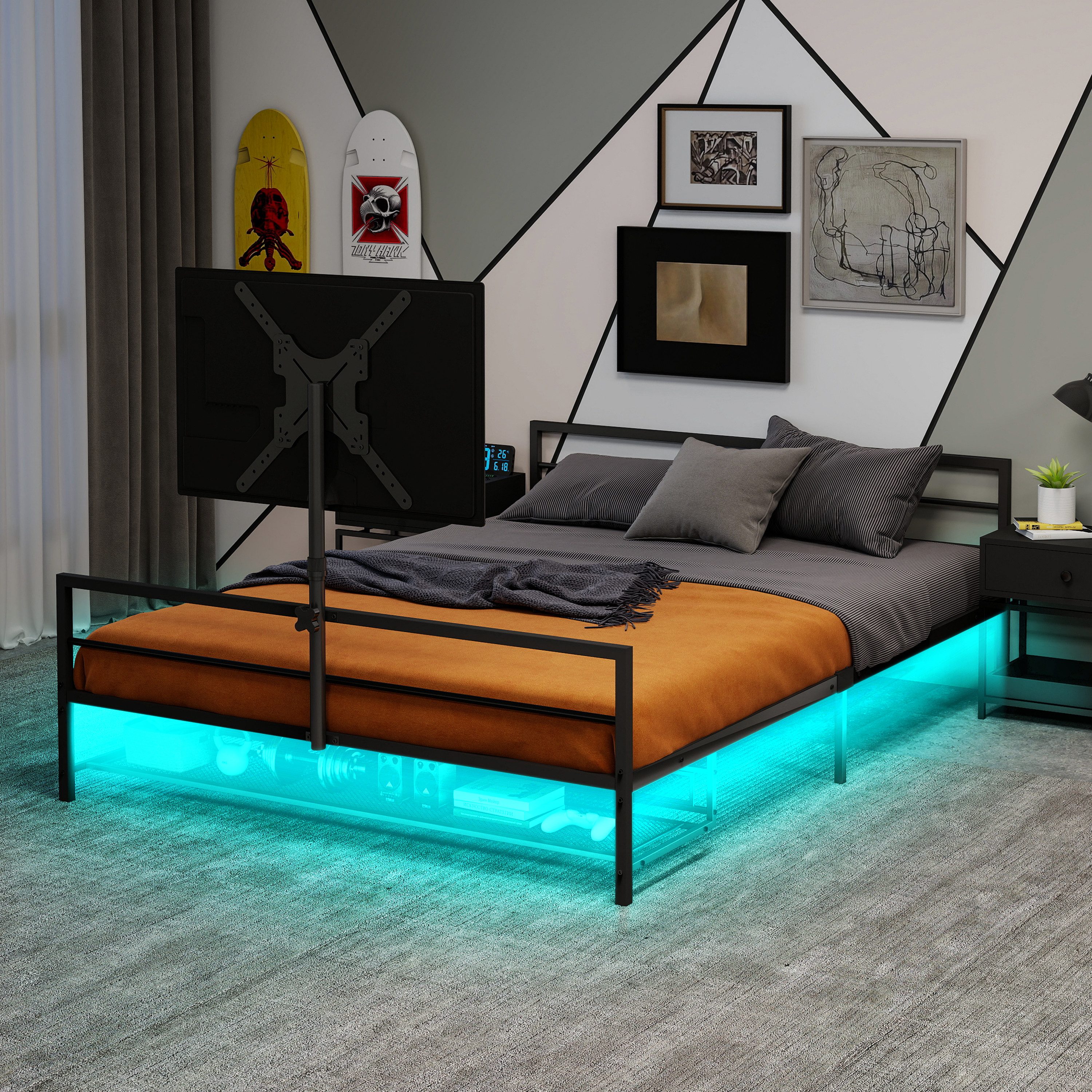REDOM Metallbett Gaming-Bett, Eisenbett, Einzelbett (mit LED-Beleuchtung, verstellbarer Monitorhalterung und Stauraum – Robustes Metallbett (206 cm), 90x200 cm), ohne Matratze