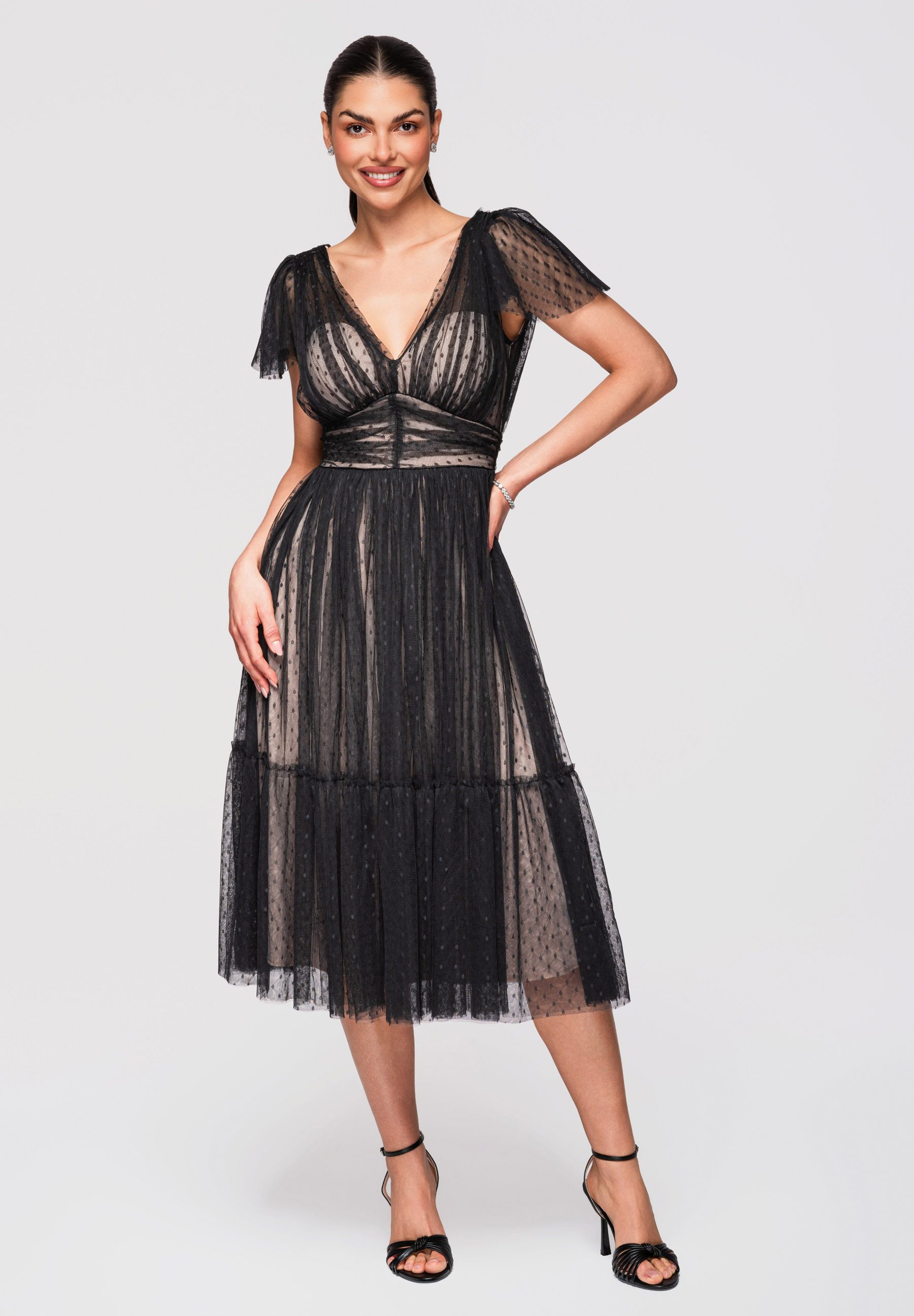 Abendkleid Midi Kleid Ausgestellt V-Ausschnitt Cocktailkleid Schwarz S
