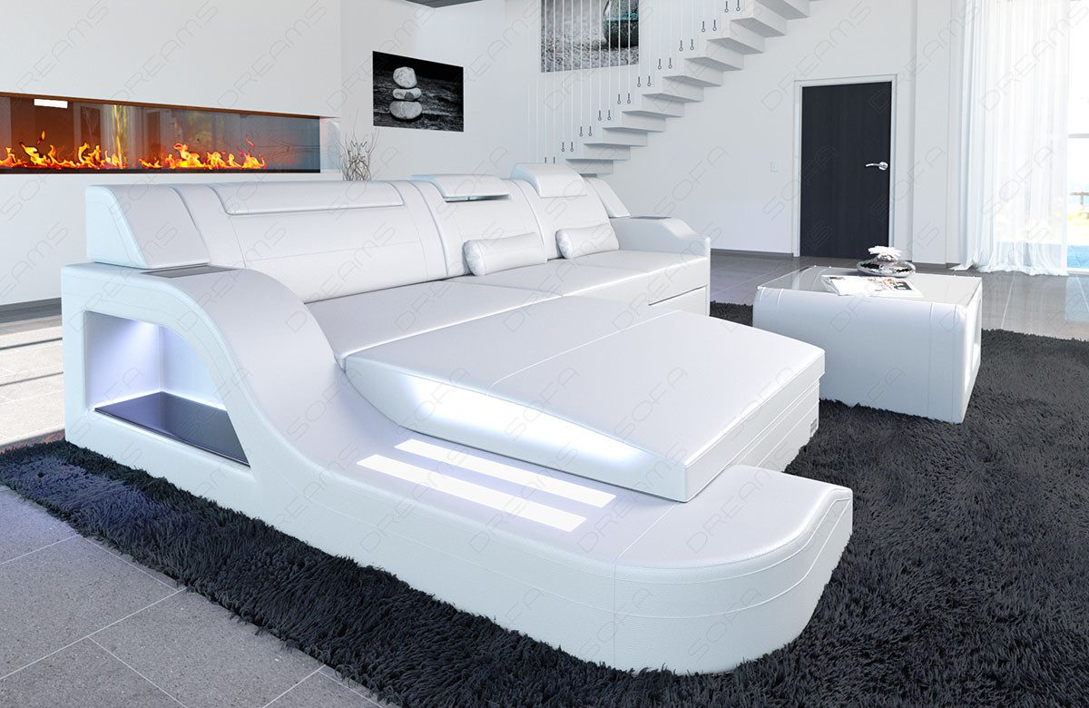 Sofa Dreams Ecksofa Ledersofa Palermo L Form Mini, Designersofa Couch, mit LED Licht & USB Anschluss