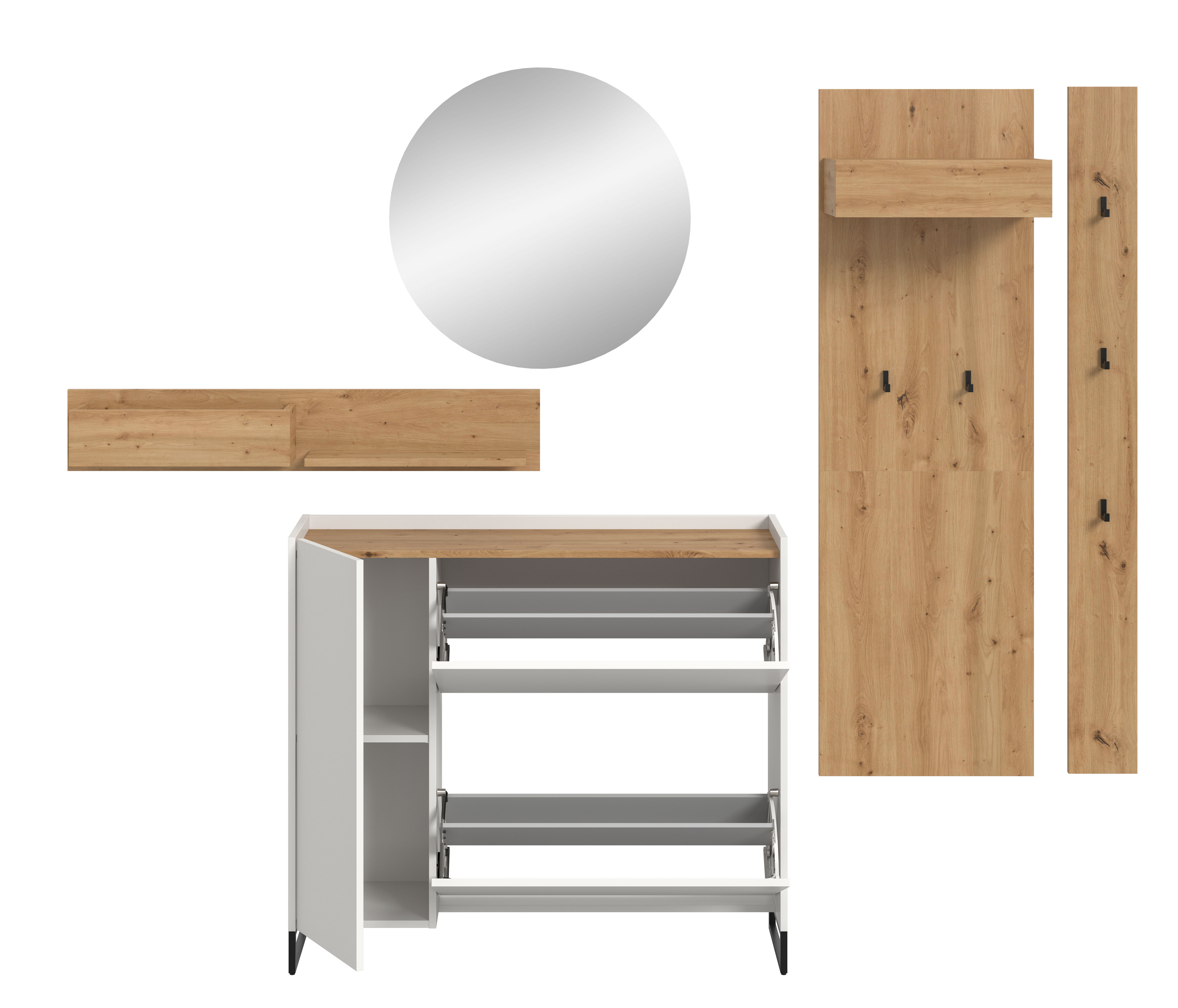 furnling Garderoben-Set Dravo, (5-St., 2x Garderobenpaneel, Hängeregal, Schuhkommode, Spiegel), 5 Haken, Spiegelfläche, Höhe 197 cm, weiß/Artisan Oak