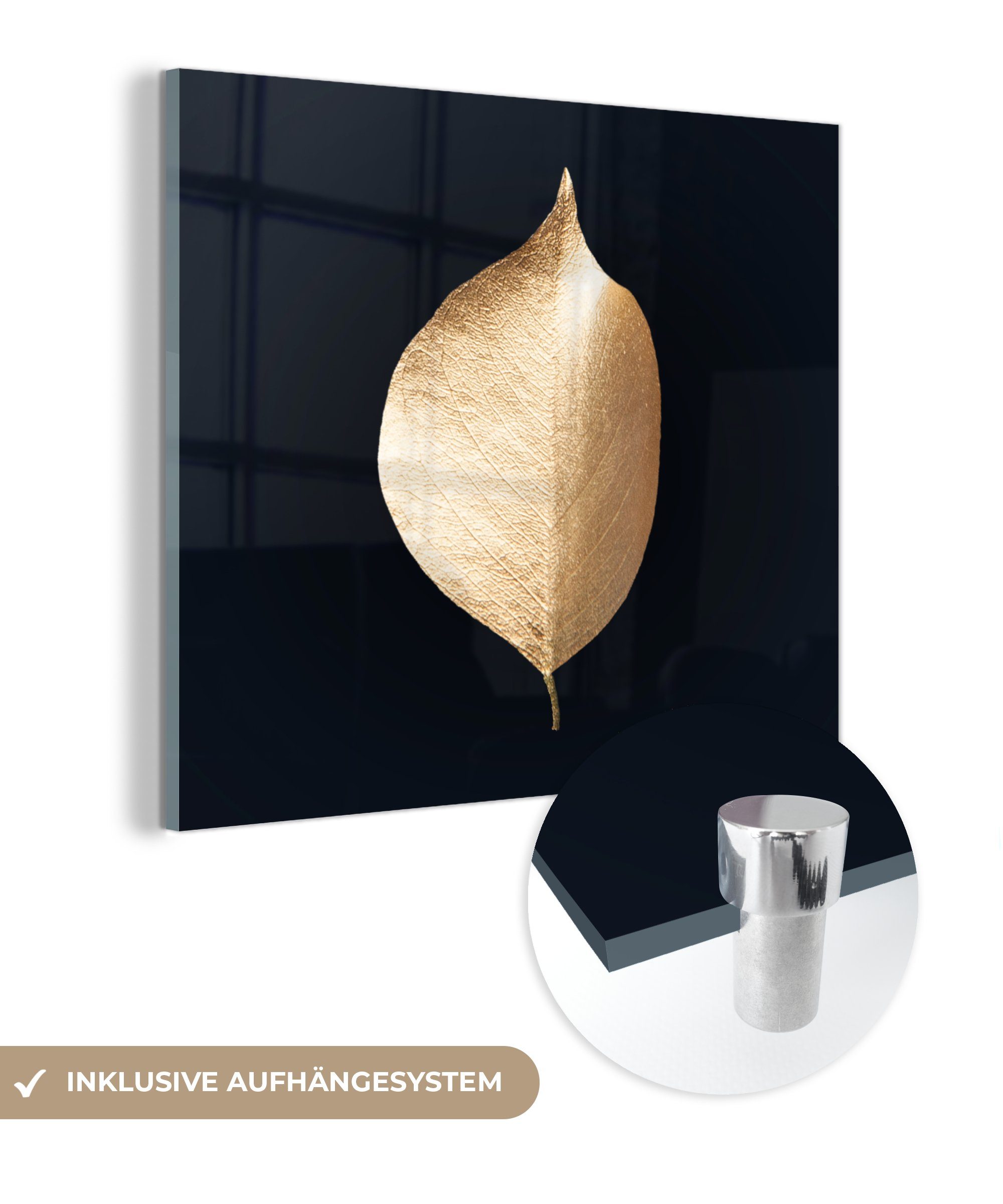 MuchoWow Acrylglasbild Blätter - Gold - Schwarz - Pflanzen - Luxus, (1 St), Glasbilder - Bilder auf Glas Wandbild - Foto auf Glas - Wanddekoration bunt