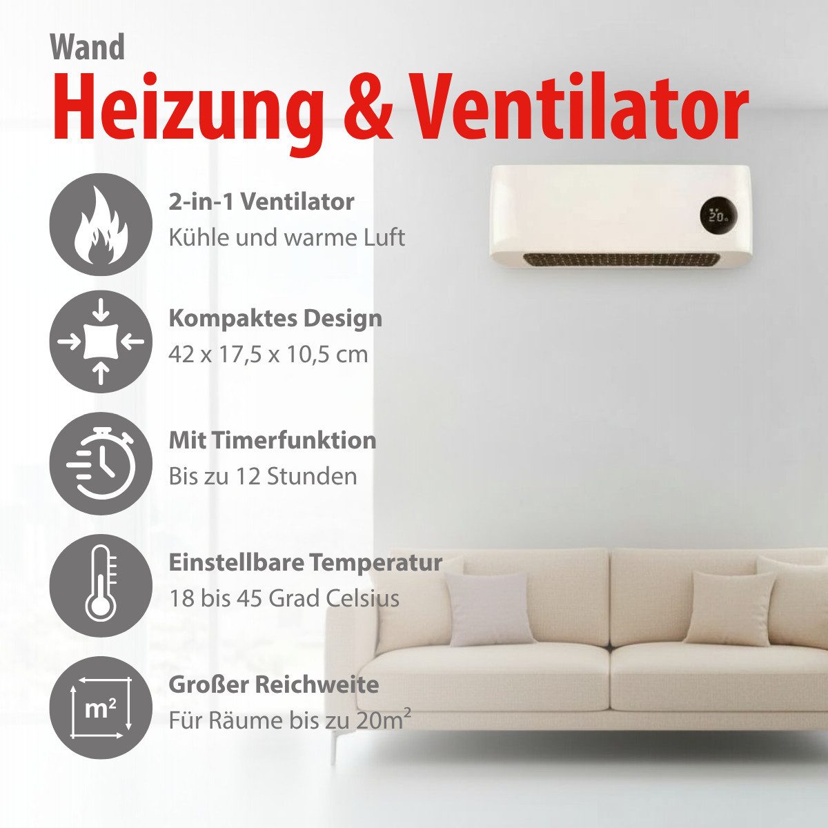 Alpina Heizgerät alpina Heizlüfter – Wandventilator leise mit Timer – Bild 2 von 5