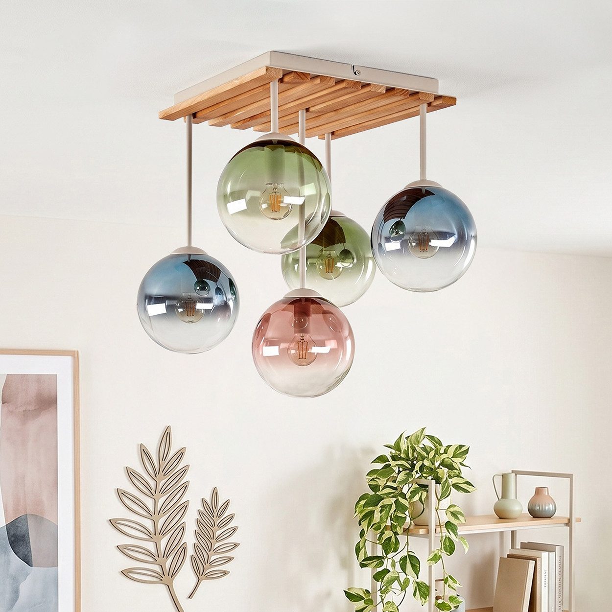 hofstein Deckenleuchte Deckenlampe aus Metall/Holz/Glas in Blau/Grün/Kupferfarben/Klar, moderne Deckenleuchte im Retro/Vintage/Boho-Design, 5 x E14