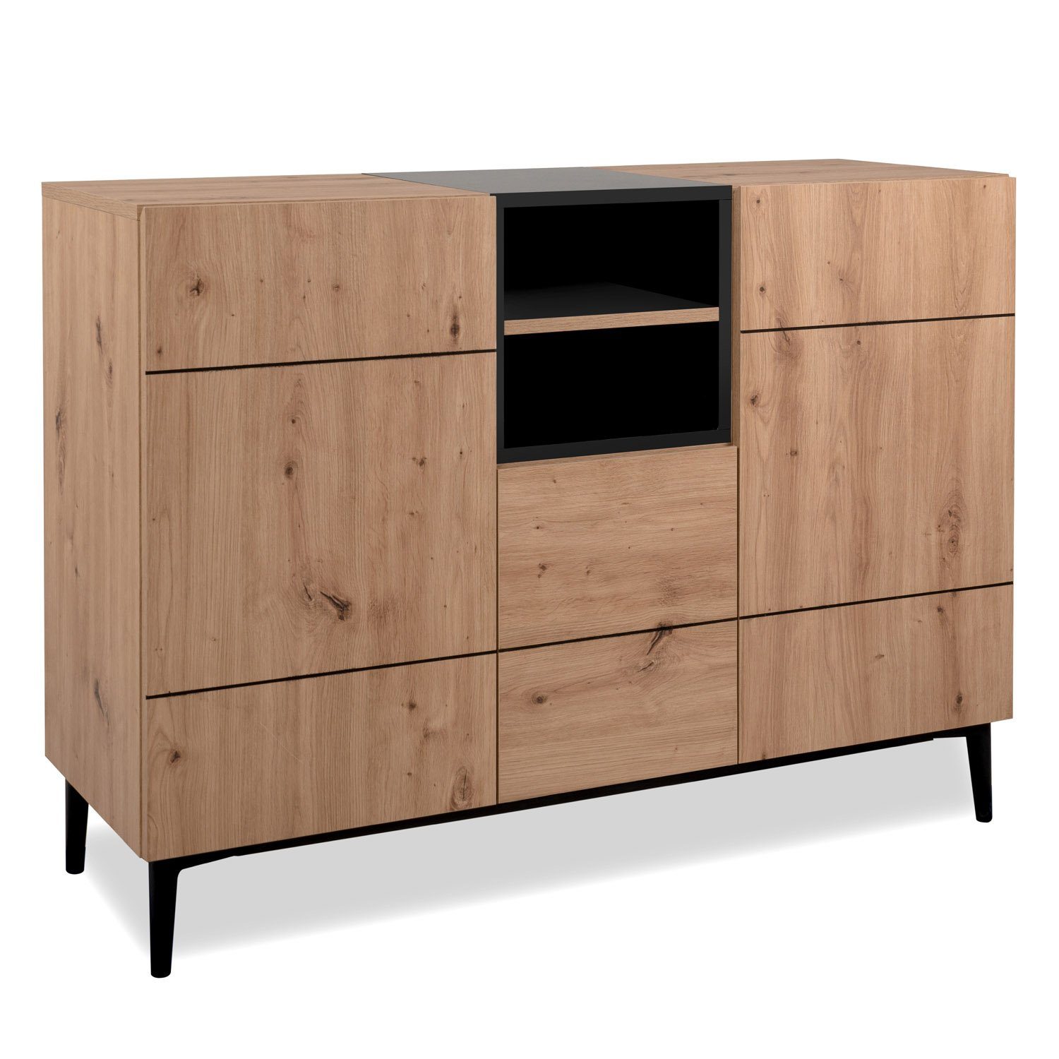 Homestyle4u Kommode Sideboard Eiche Holz in Natur Schwarz (Kein Set)